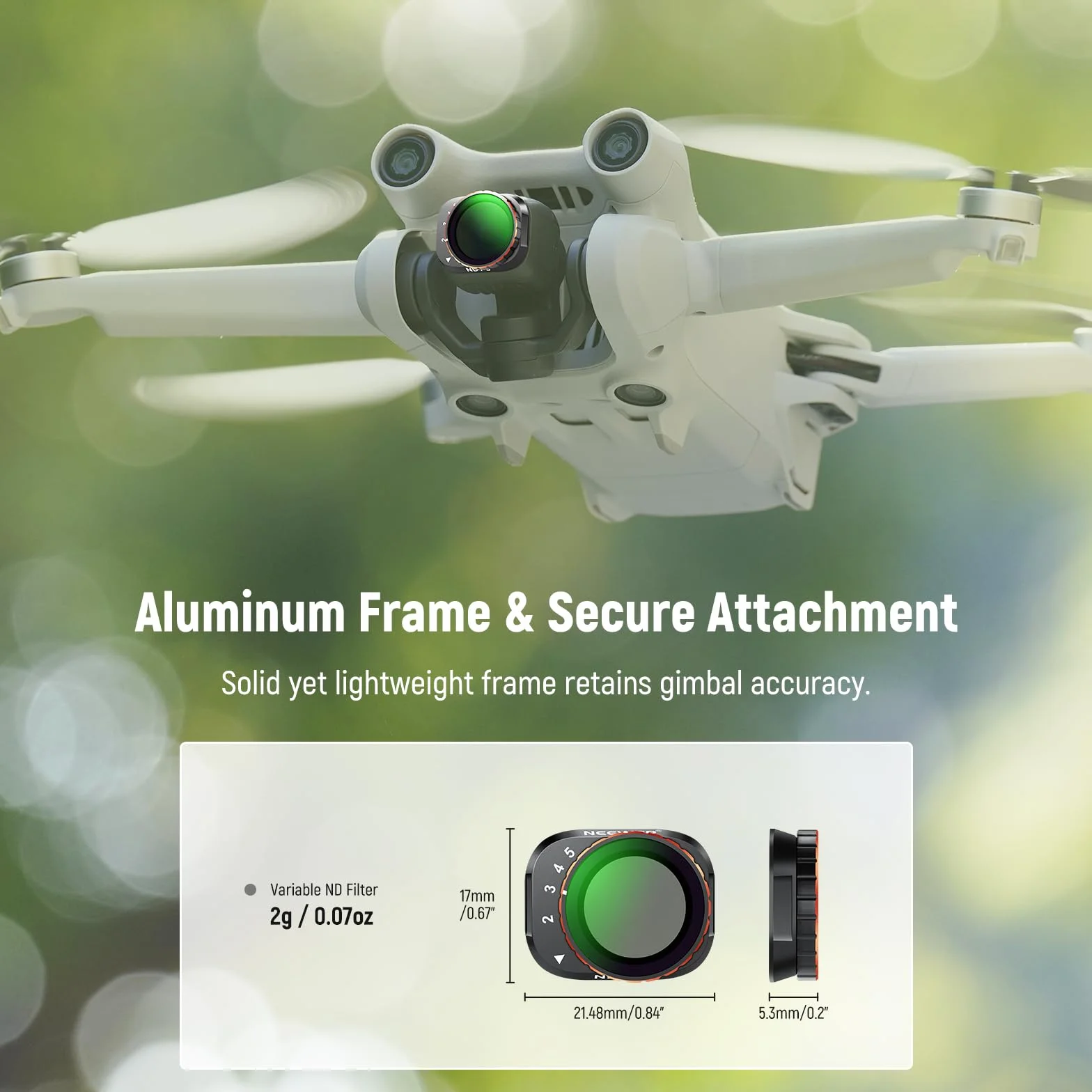 NEEWER Filtro ND Variabile Compatibile con DJI Mini 3 Pro, ND2-32 1-5 Stop a Scatto in Vetro Ottico HD Multistrato, Telaio Sottile in Metallo, Accessori per Obiettivi Drone per Foto/Videografia Aerea