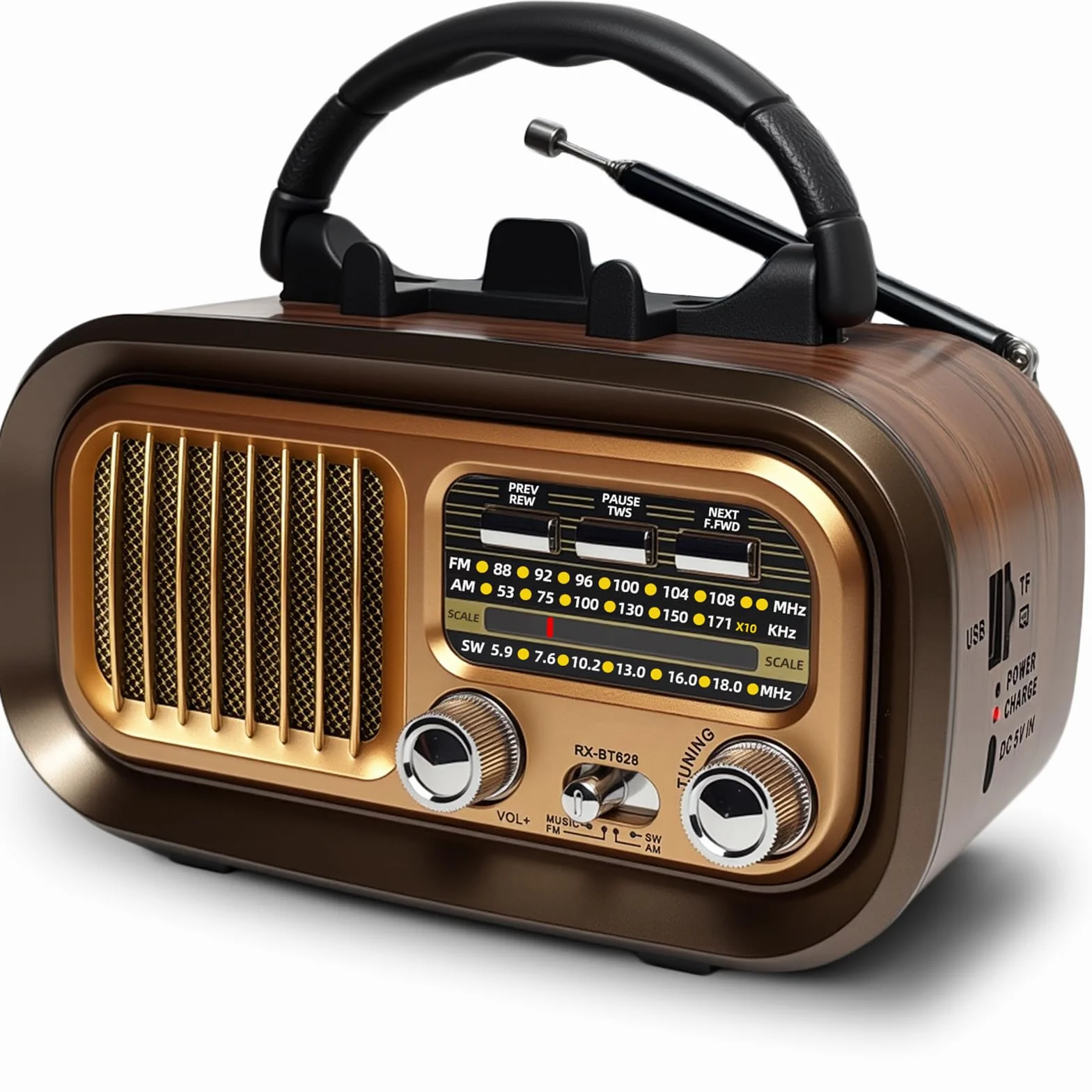 Radio Portatile Vintage AM/FM/SW Bluetooth Ricaricabile 1200 mAh USB TF Card TWS