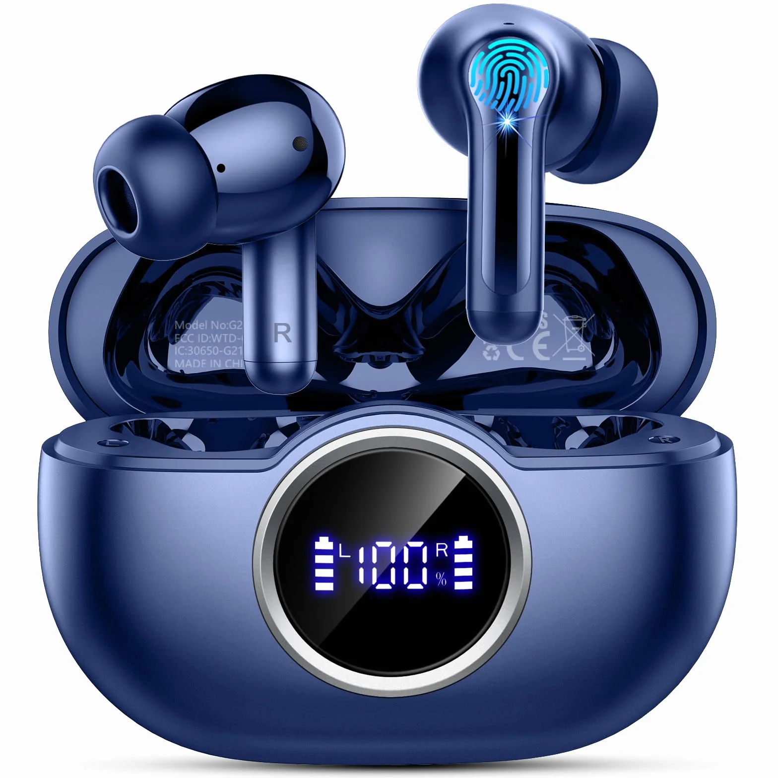 Cuffie Bluetooth, Auricolari Bluetooth 5.4 con 3D Hi-Fi Stereo, Cuffie Wireless con 4 ENC Cancellazione Rumore Mic, Cuffiette Bluetooth 36H LED Display, IP7 Impermeabili/USB-C/Touch Control, Blu Scuro