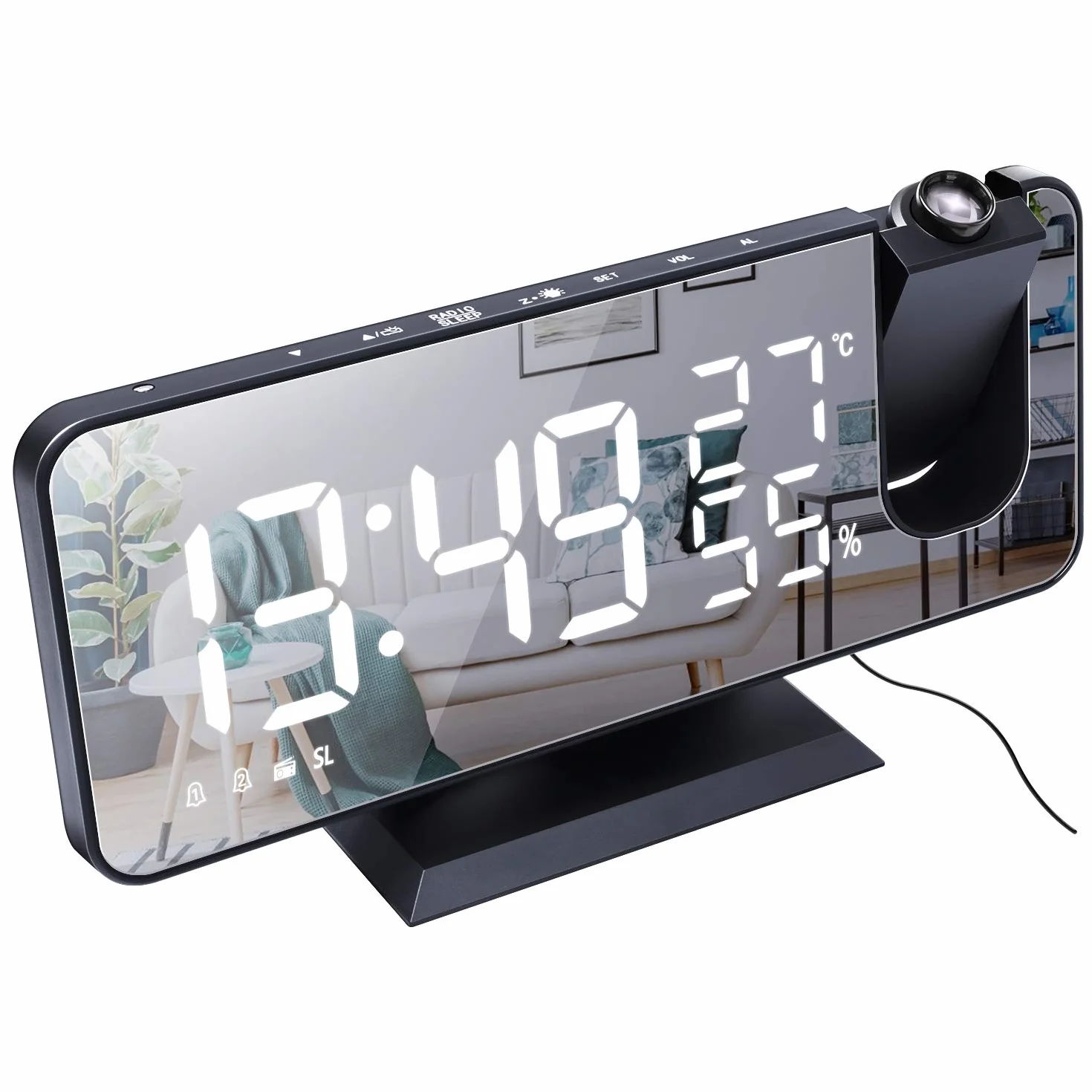 ThreeH Sveglia a Proiezione per Camera da Letto Ampio Display a Specchio LED 7,4'' con Ricarica USB Ruotabile 180° Nero-Bianco