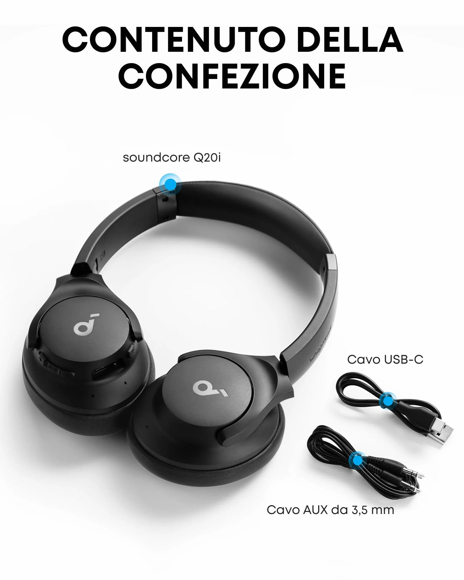 soundcore by Anker Q20i - Cuffie wireless Bluetooth over-ear con cancellazione ibrida attiva del rumore, 40 ore di riproduzione in modalità ANC, personalizzazione tramite app (nero)(ricondizionato)