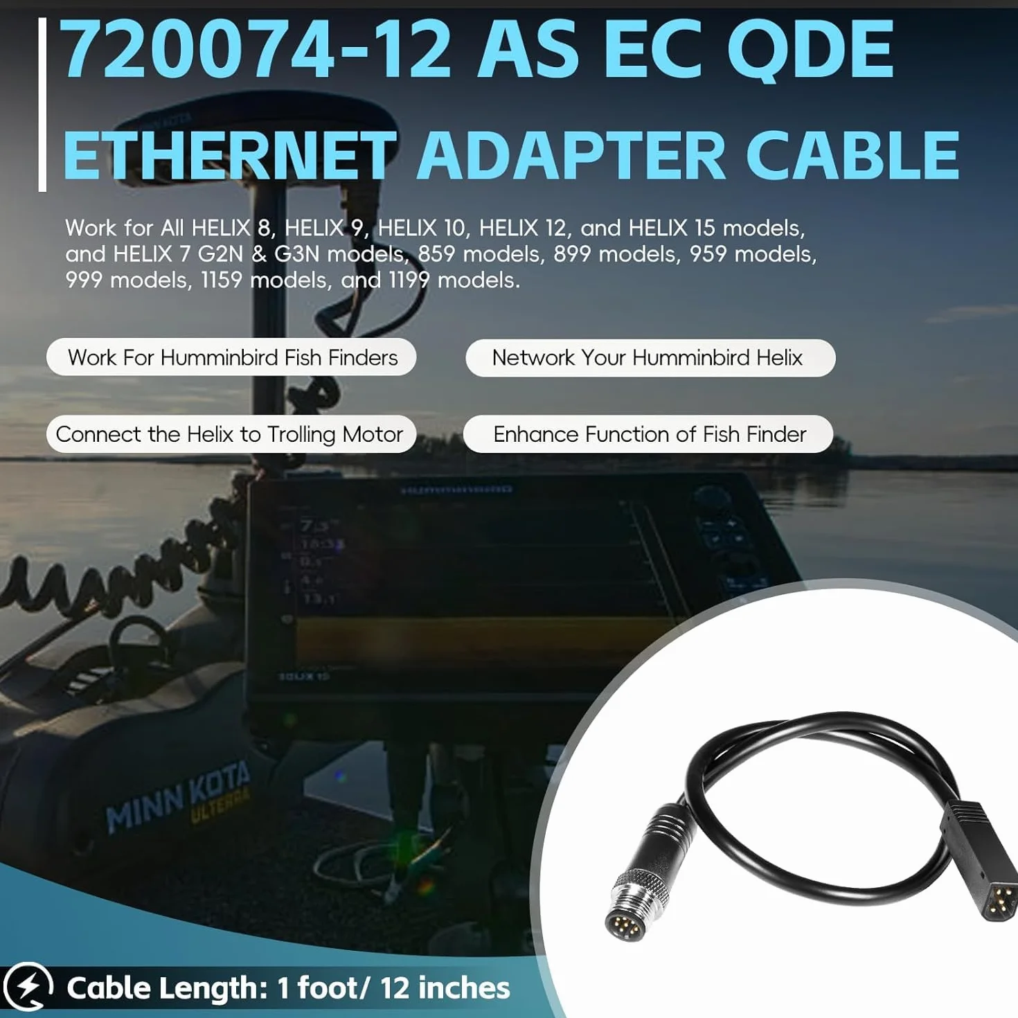 720074-12 (720074-1) AS EC QDE Cavo adattatore Ethernet per Fishfinder Humminbird – Cavo di rete robusto per HELIX 7-15 & SOLIX G2N/G3N/G4N, i-Pilot Link, One-Boat Network e Mega Live Imaging (wasse
