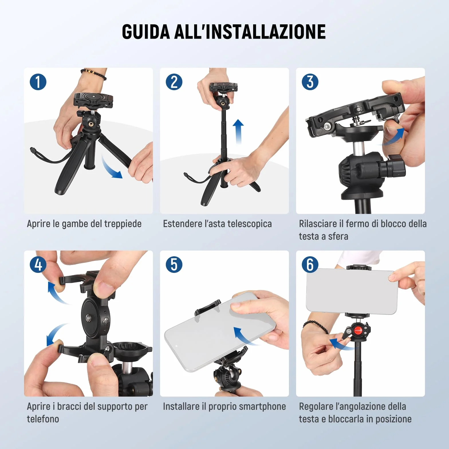 NEEWER TP38 Treppiede Fotocamera Smartphone Selfie Stick con Porta Cellulare Adattatore Action Cam Compatibile con iPhone GoPro, Mini Tripod Supporto Viaggio con Panno Pulizia per Vlog Riprese Video