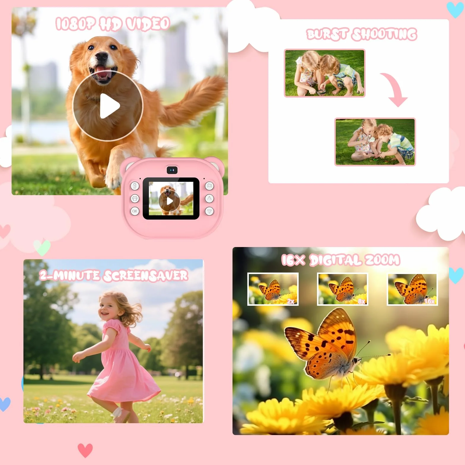 Macchina Fotografica Bambini Istantanea, Fotocamera Digitale con Carta da Stampa e Scheda TF da 32 G, Penne Colora, Regalo Natale Bambino e Bambina 3-14 Anni (Rosa)