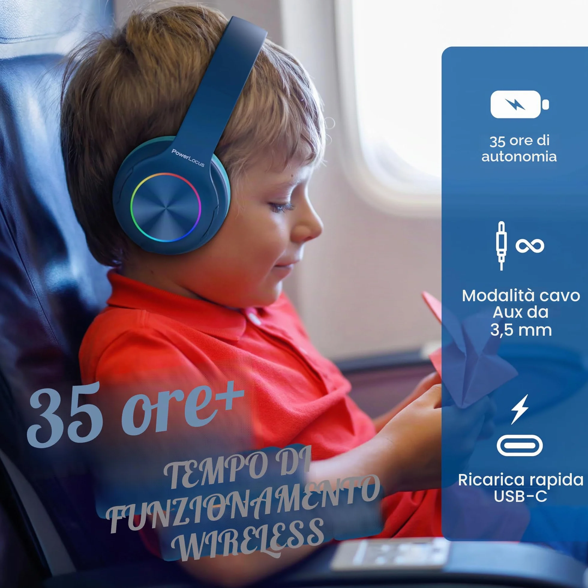 PowerLocus Cuffie Bluetooth pieghevoli senza fili per bambini con luci LED, HD Stereo, USB-C Ricarica Rapida, Micro integrato, SD Modalità e cablata per iPhone/Tablet/TV