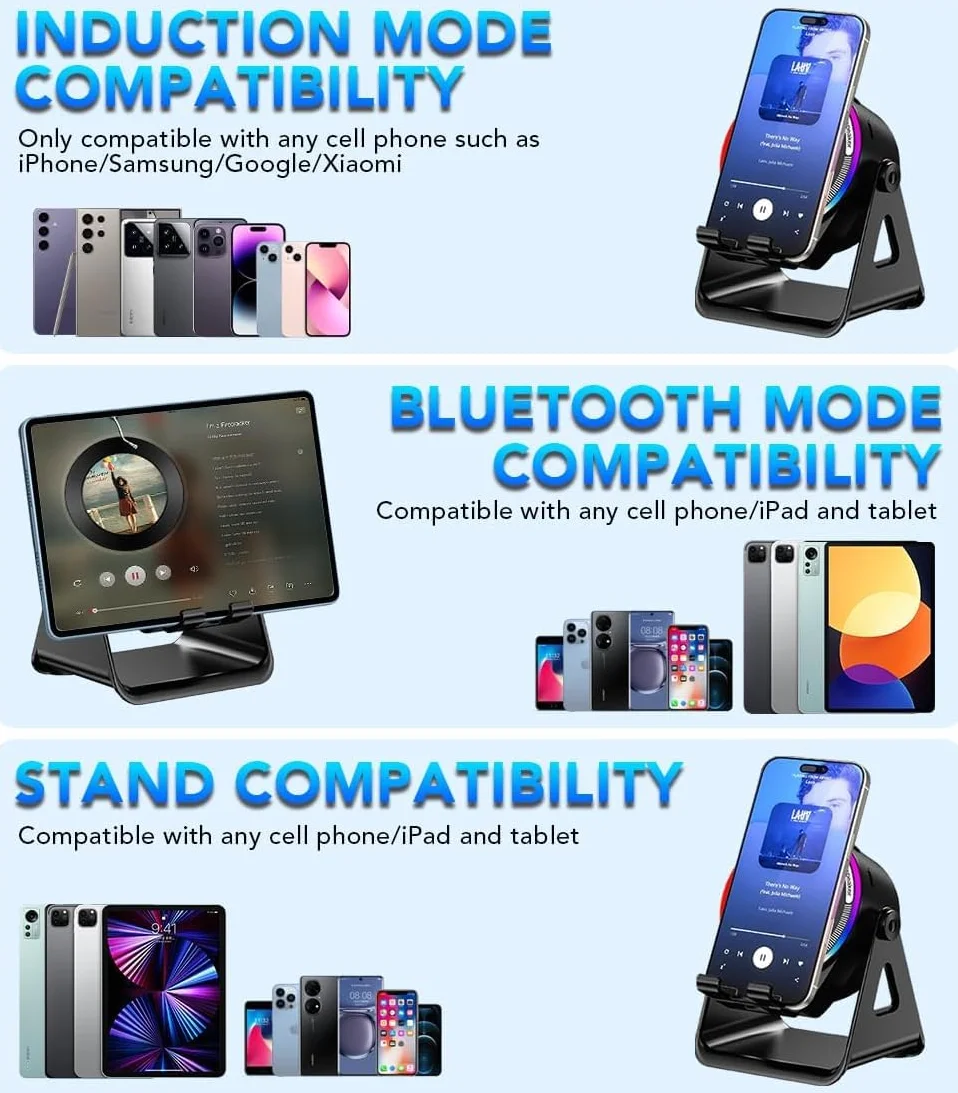 Altoparlante Bluetooth a induzione wireless 5 in 1 con supporto rotondo regolabile per telefono, altoparlante Bluetooth stereo multifunzionale, luce ambientale 8 RGB e lunga durata della