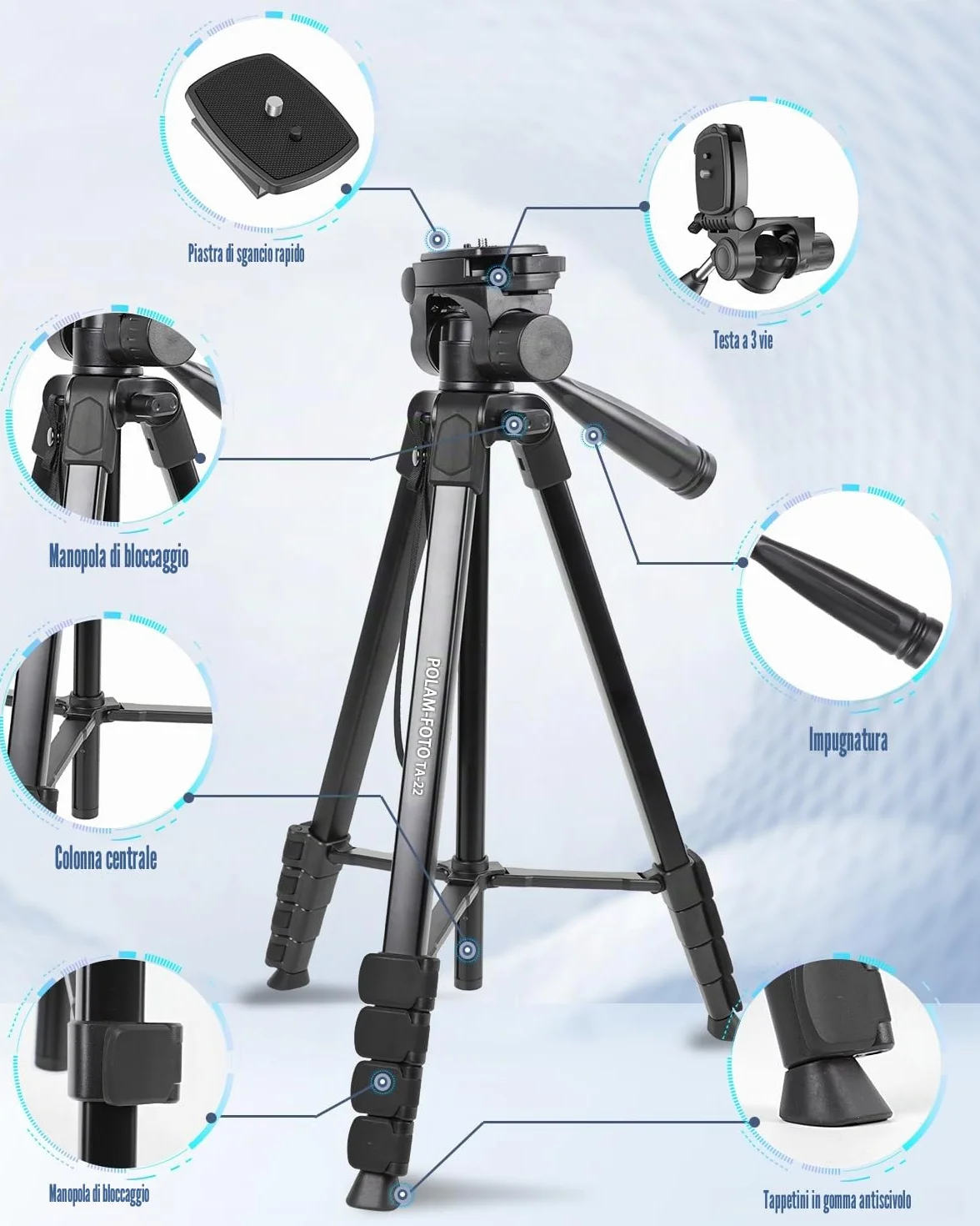 POLAM-FOTO 172 cm Treppiede leggero per smartphone, treppiede in alluminio, con testa panoramica a 3 vie e supporto per cellulare, adatto per smartphone e fotocamere DSLR, nero