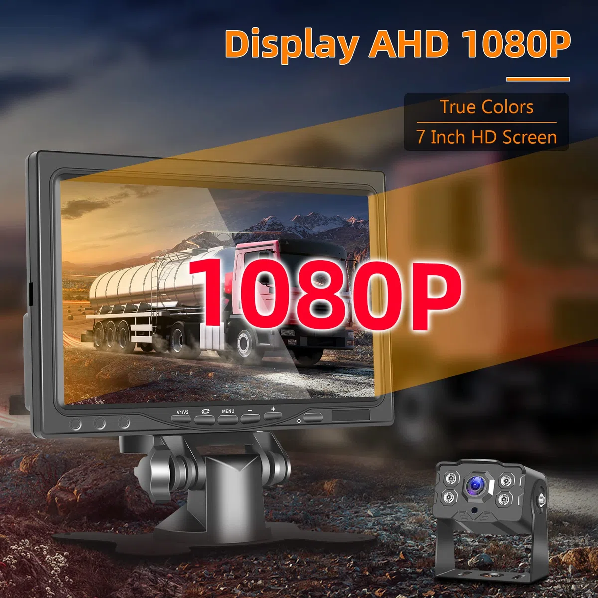 Hodozzy Telecamera Posteriore Auto con 7" Monitor IPS e Telecamera AHD, Visione Notturna IR Impermeabile IP68 Telecamera per Retromarcia Cavo 4 Pin 15 m per Camion/Rimorchio/Autobus/Furgone(9-36V)
