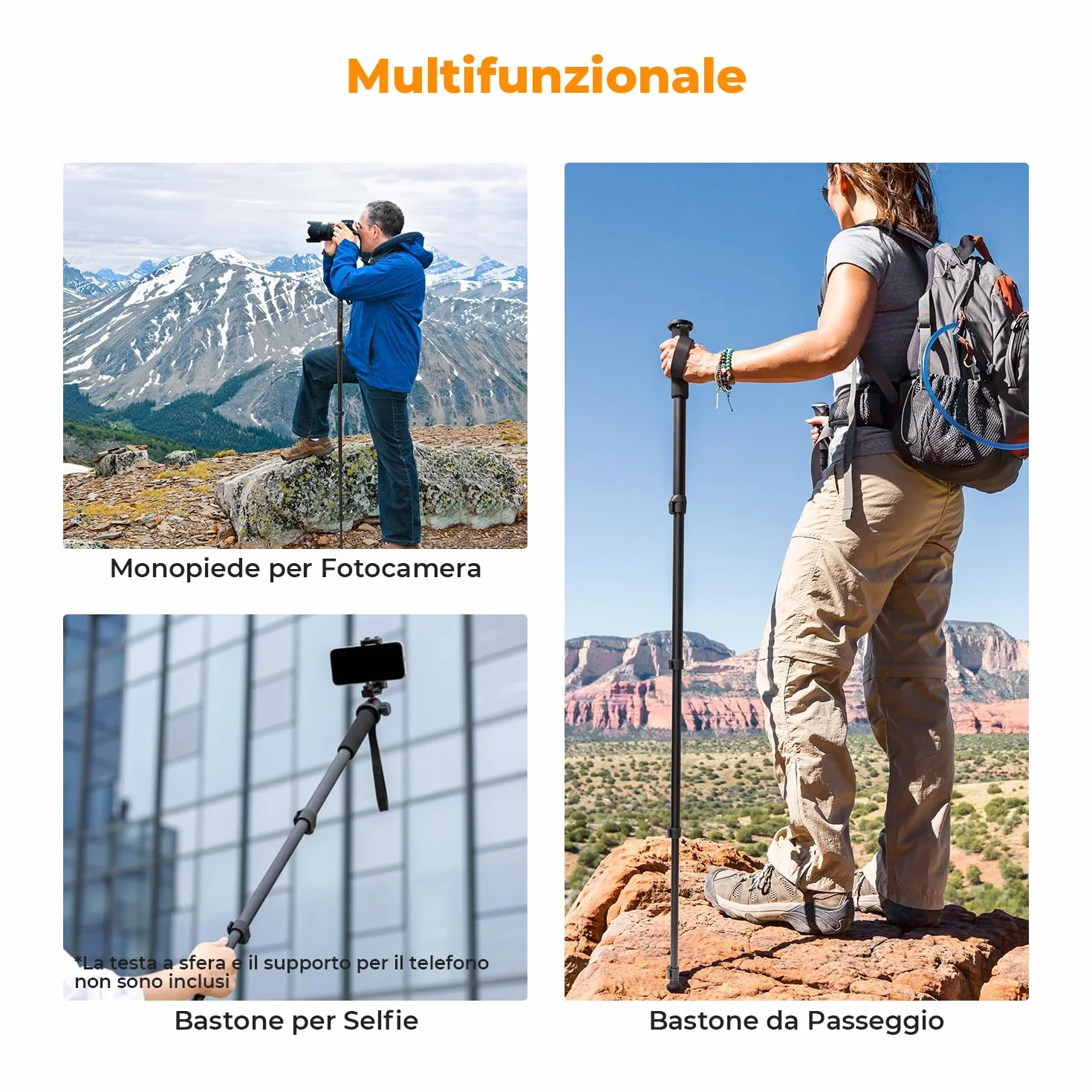 K&F Concept Monopiede Fotocamera 160cm, Bastone Selfie Multifunzionale per Gopro DSLR con Cavo anti-Perdita, Bastone da Passeggio estensibile con bussola, Carico Max 10kg, Peso 0,33kg - MS16