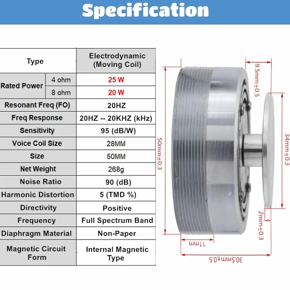 Altoparlante a risonanza di frequenza 50MM a 2 pollici a vibrazione rotondo(4 Ω 25 w)