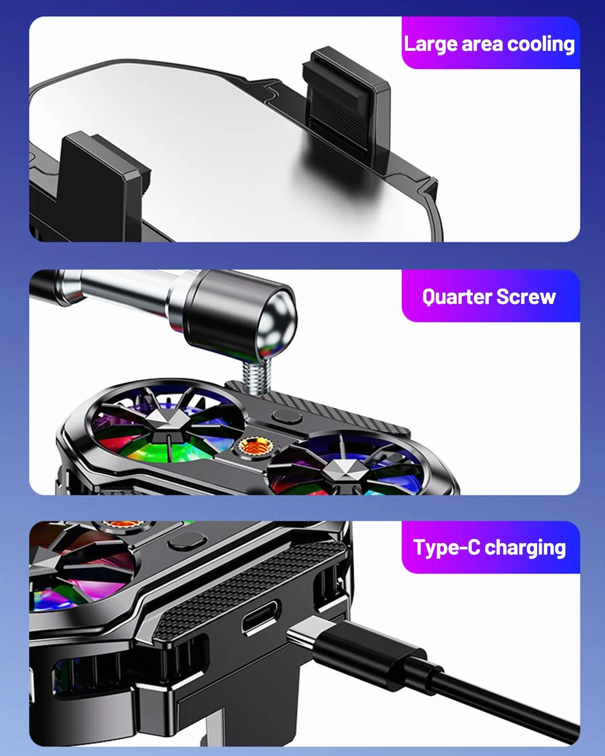 Dispositivo di raffreddamento per smartphone, gaming e live streaming, display temperatura LED, 3 velocità ventilazione, compatibile da 4,5 a 7 pollici