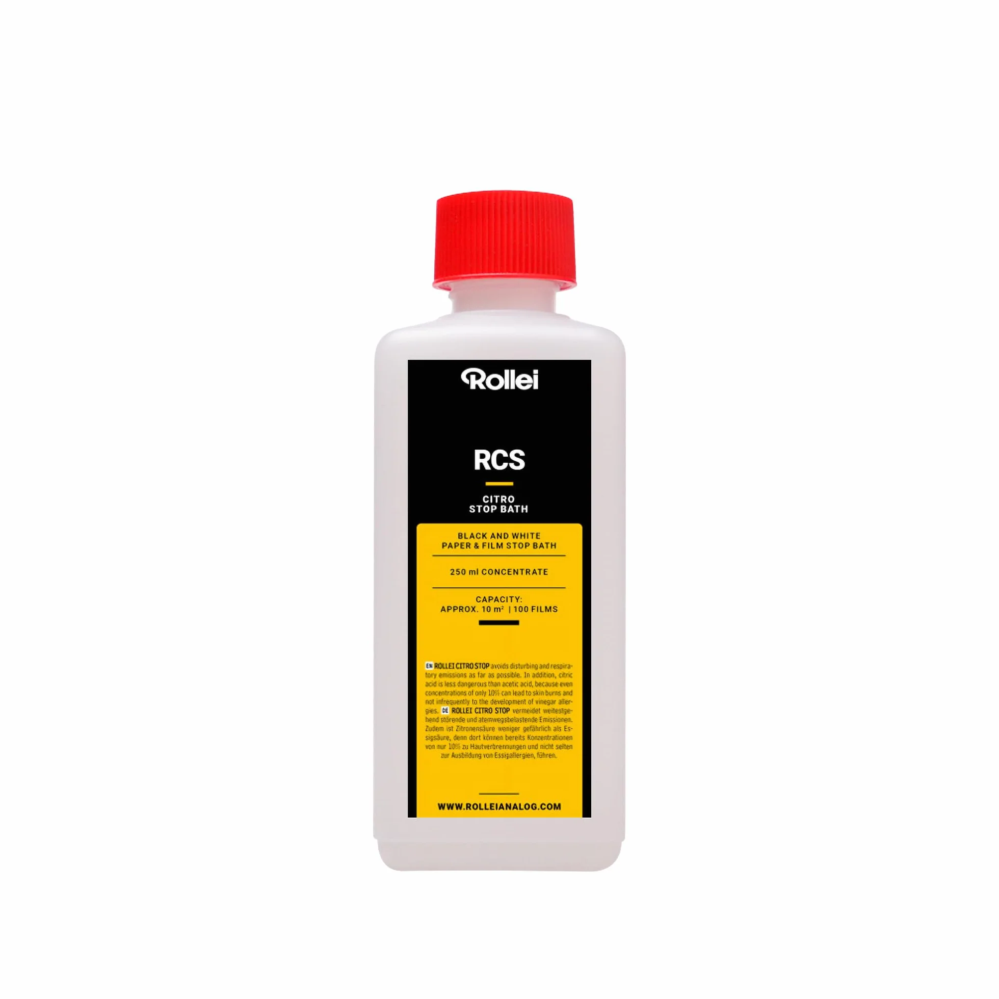 Rollei RCS Citro Stop 250 ml | Bagno di arresto per film in bianco e nero e carta fotografica | Inodore con indicatore di colore
