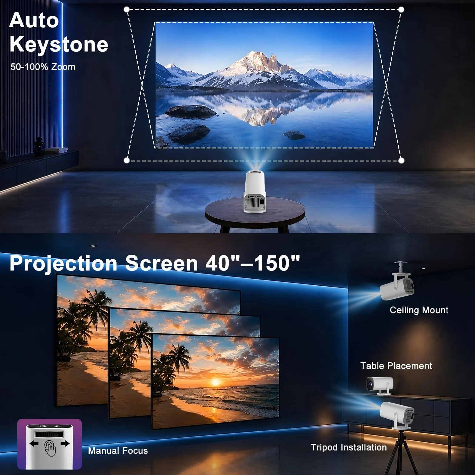 Mini Proiettore Portatile con WiFi 6 e Bluetooth 5.4, Supporta Contenuti 4K e Full HD 1080P, Correzione Trapezoidale Automatica, Rotazione di 180°, Compatibile con Laptop/HDMI/TV Stick/Memory Stick