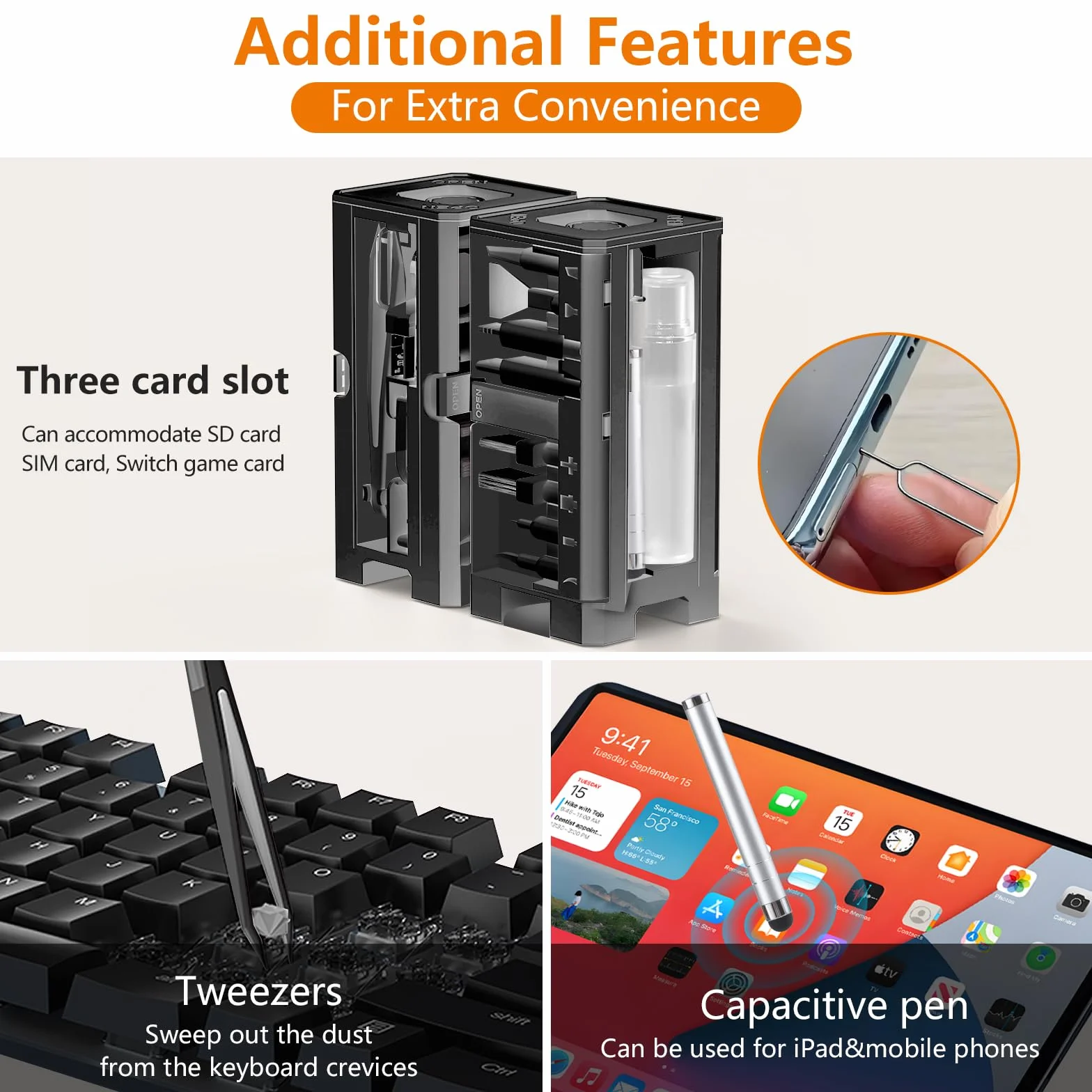 Kit per la pulizia del telefono con pulitore per porta di ricarica, pennino, schermo e spazzola per altoparlanti, per iPhone, Samsung, AirPods, MacBook, laptop, PC, tastiera, iPad (nero, con stucco e