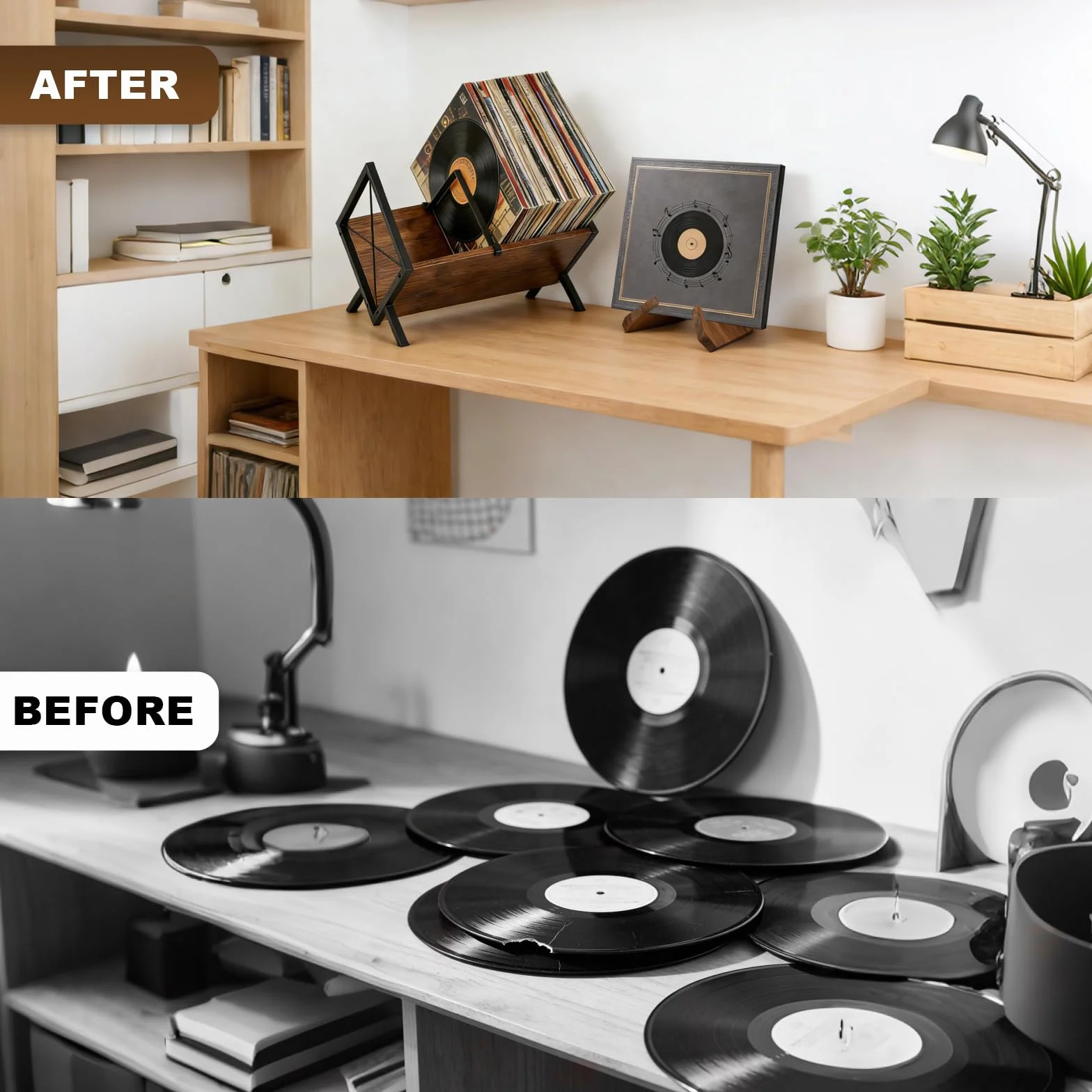BigKing Set di Porta Vinili, Supporto per Dischi in Vinile e Presentazione, con Divisorio Regolabile, Può Contenere da 80 a 100 LP, Facile da Montare, Metallo e Legno, Organizzatore per CD