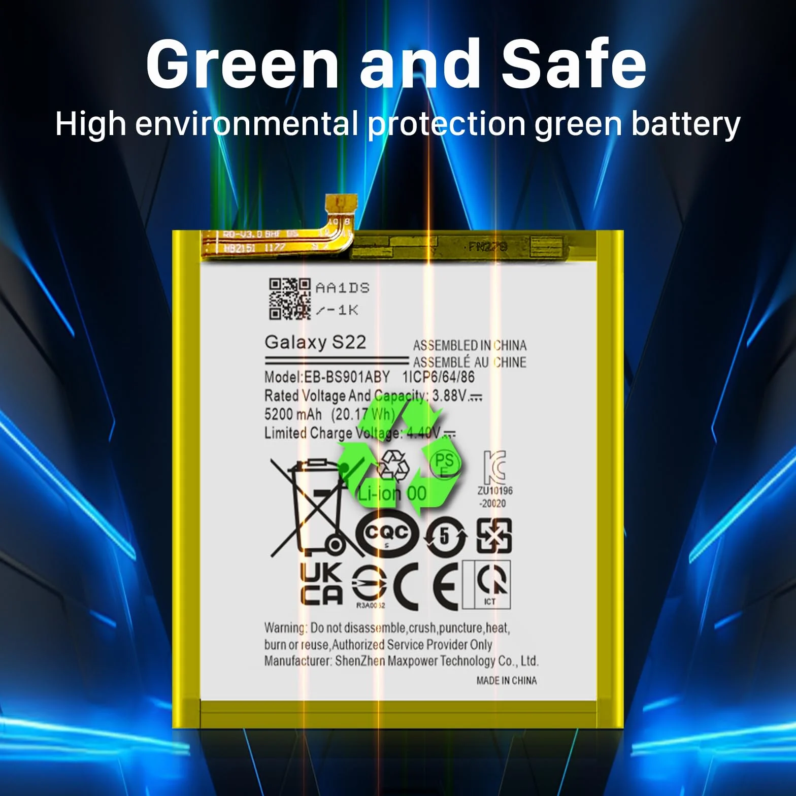 Batteria di ricambio per Galaxy S22, 5200 mAh EB-BS901ABY per S22 5G SM-S901 S901B S901E S901F S901N S901U S901W S9010 con kit di attrezzi di riparazione