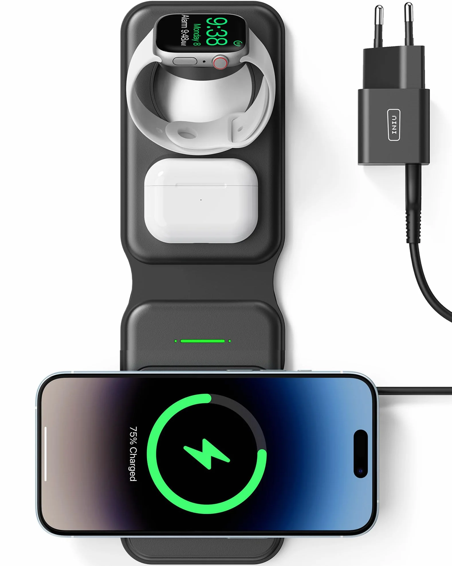 INIU Caricatore Wireless iPhone, Magnetic 3 in 1 Base Ricarica Certificato Qi, Da viaggio Caricabatterie Wireless Universale per iPhone 16 15 14 13 12 Apple Watch 8 7 Ultra AirPods 4 3 Pro ecc.