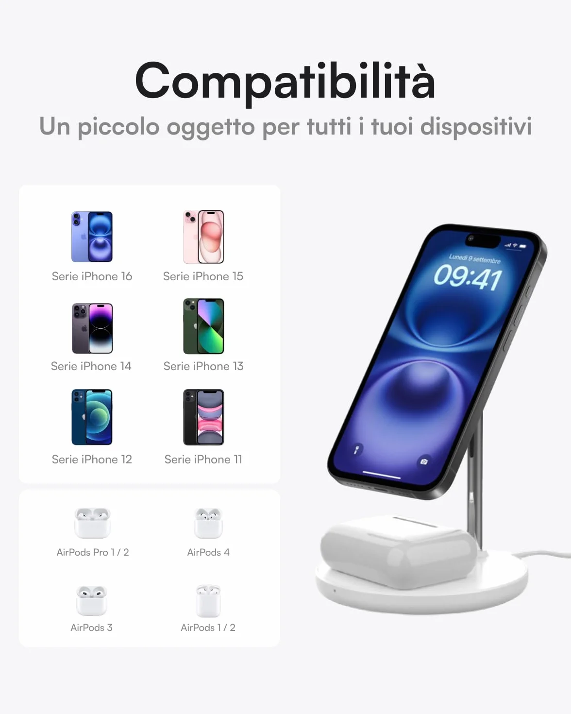 Volta Caricatore Magnetico 2 in 1, Stand per iPhone e AirPods, Caricatore Wireless Magnetico Compatibile con iPhone 16/15/14/13/12 Serie, AirPods Pro