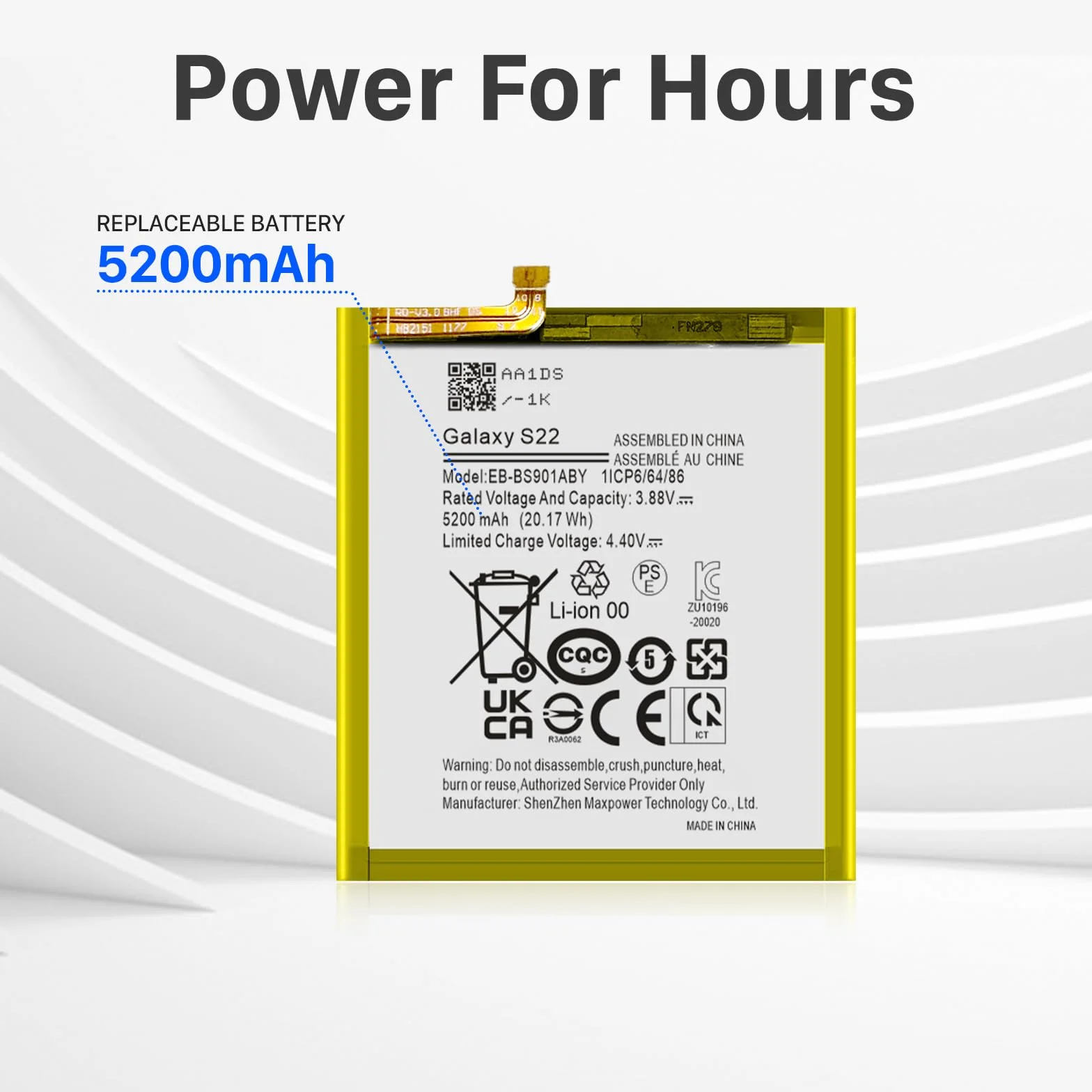 Batteria di ricambio per Galaxy S22, 5200 mAh EB-BS901ABY per S22 5G SM-S901 S901B S901E S901F S901N S901U S901W S9010 con kit di attrezzi di riparazione
