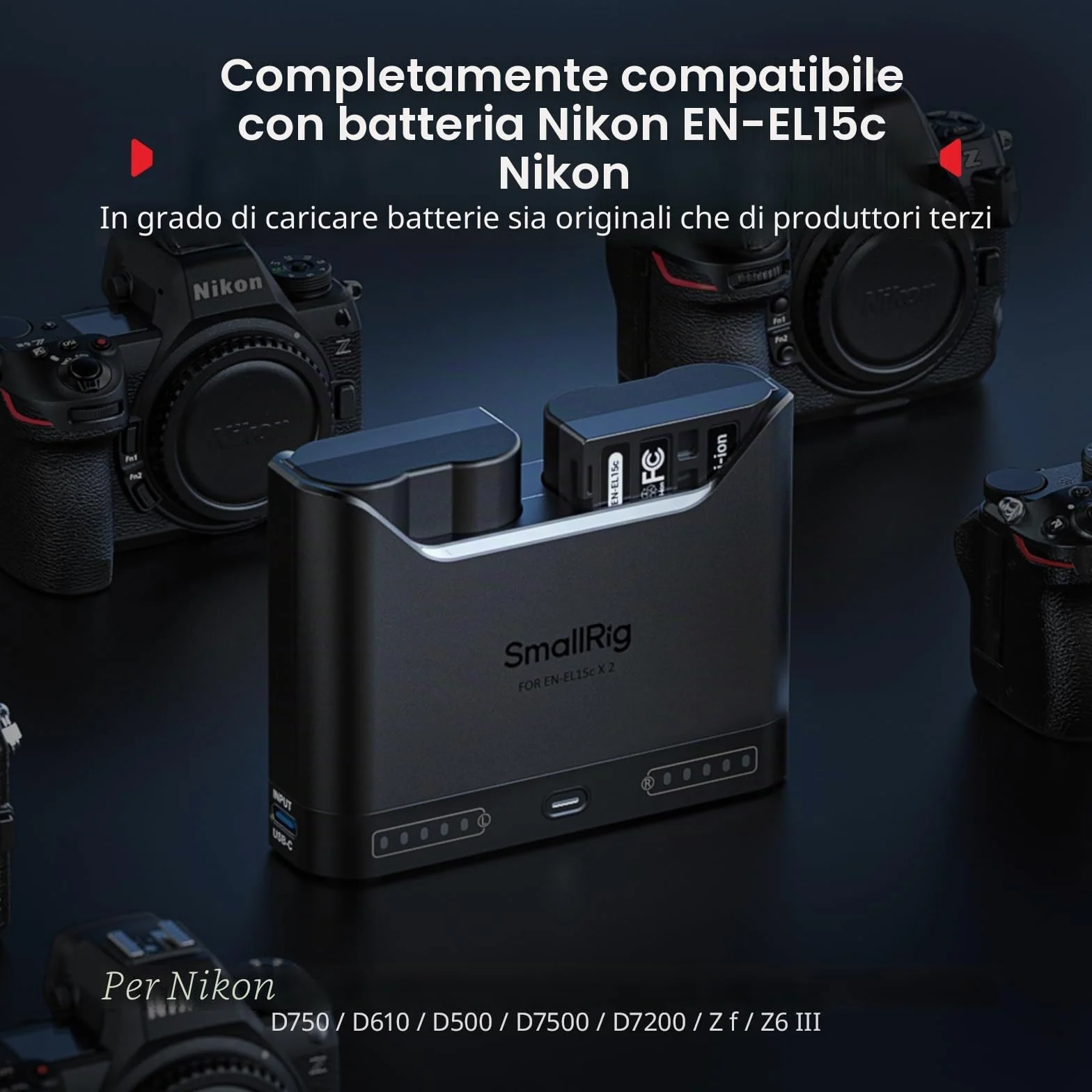 SMALLRIG Caricabatterie EN-EL15c per Nikon, caricabatteria doppio slot da 2 ore, porta USB-C da 22,5 W, per Nikon ZR, Z6III, Zf, Z8, Z7II, Z7, Z6II, Z6, D850, D810, D780, D750, D500, D7500, D7200-5491