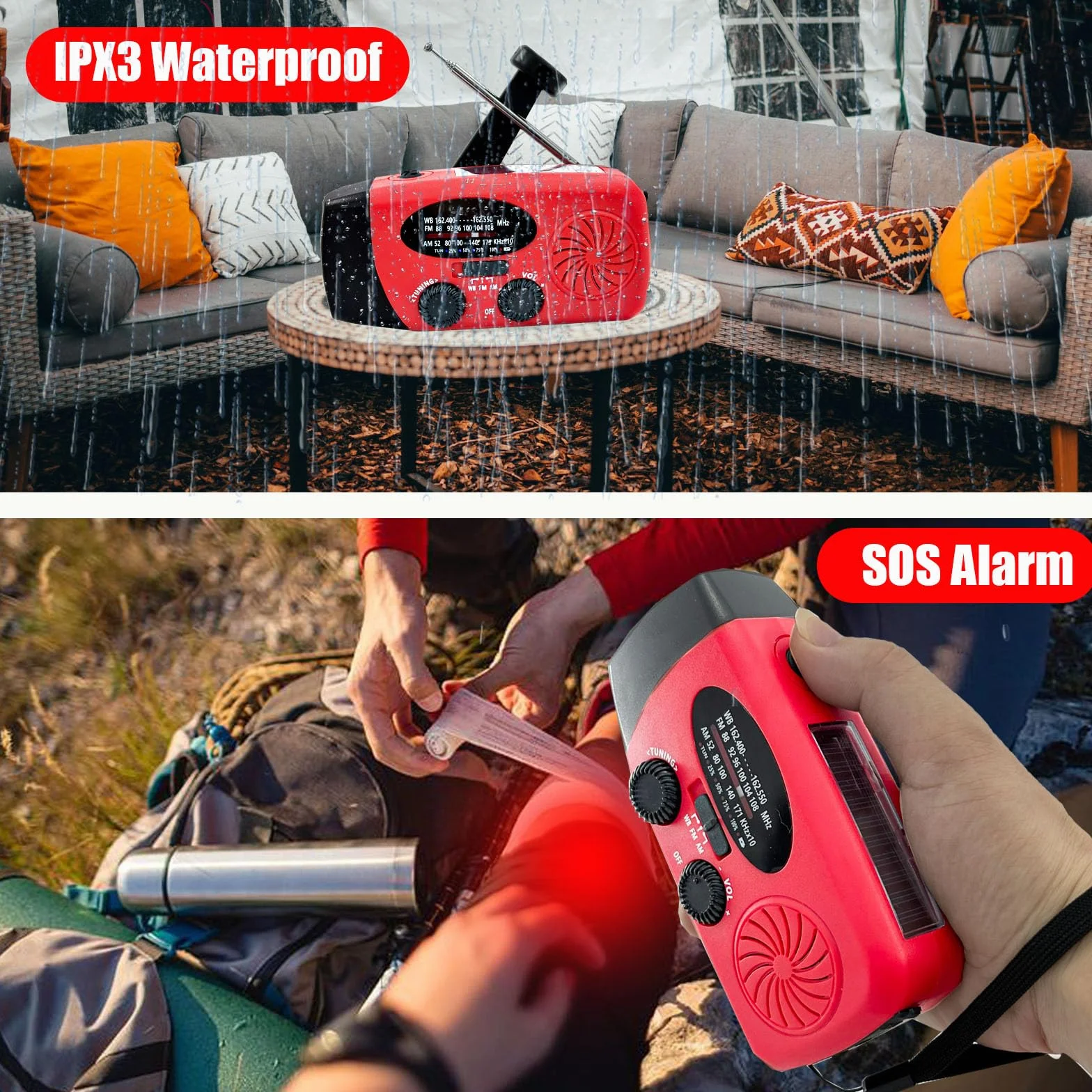 Radio di Emergenza Portatile 2000 mAh con Pannello Solare SOS, AM/FM/NOAA WB, Torcia a Manovella