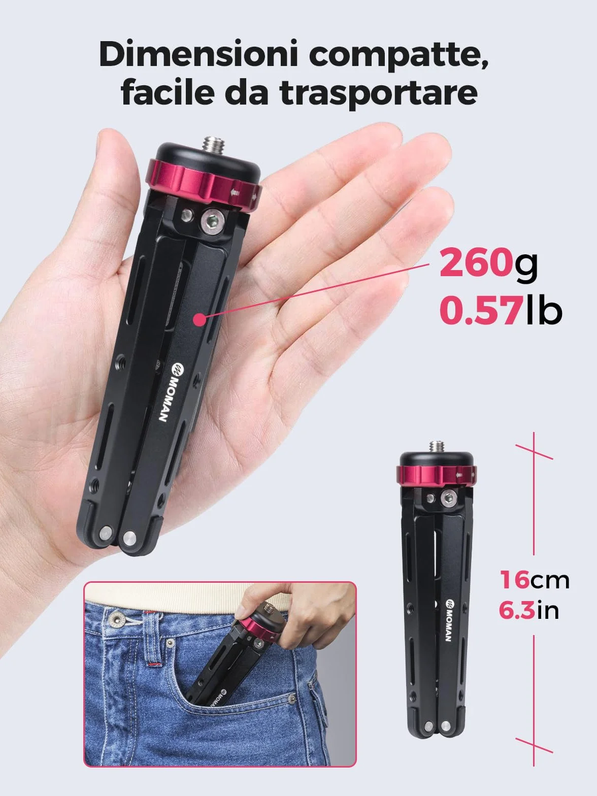 Moman Mini Treppiedi, TR01 Tavolo Treppiedi Piccolocon Attacco a Vite 1/4 e 3/8 Mirrorless con Carico Massimo di 80 kg Alluminio CNC per Fotocamera Camere Reflex Smartphone DSLR, Nero Rosso