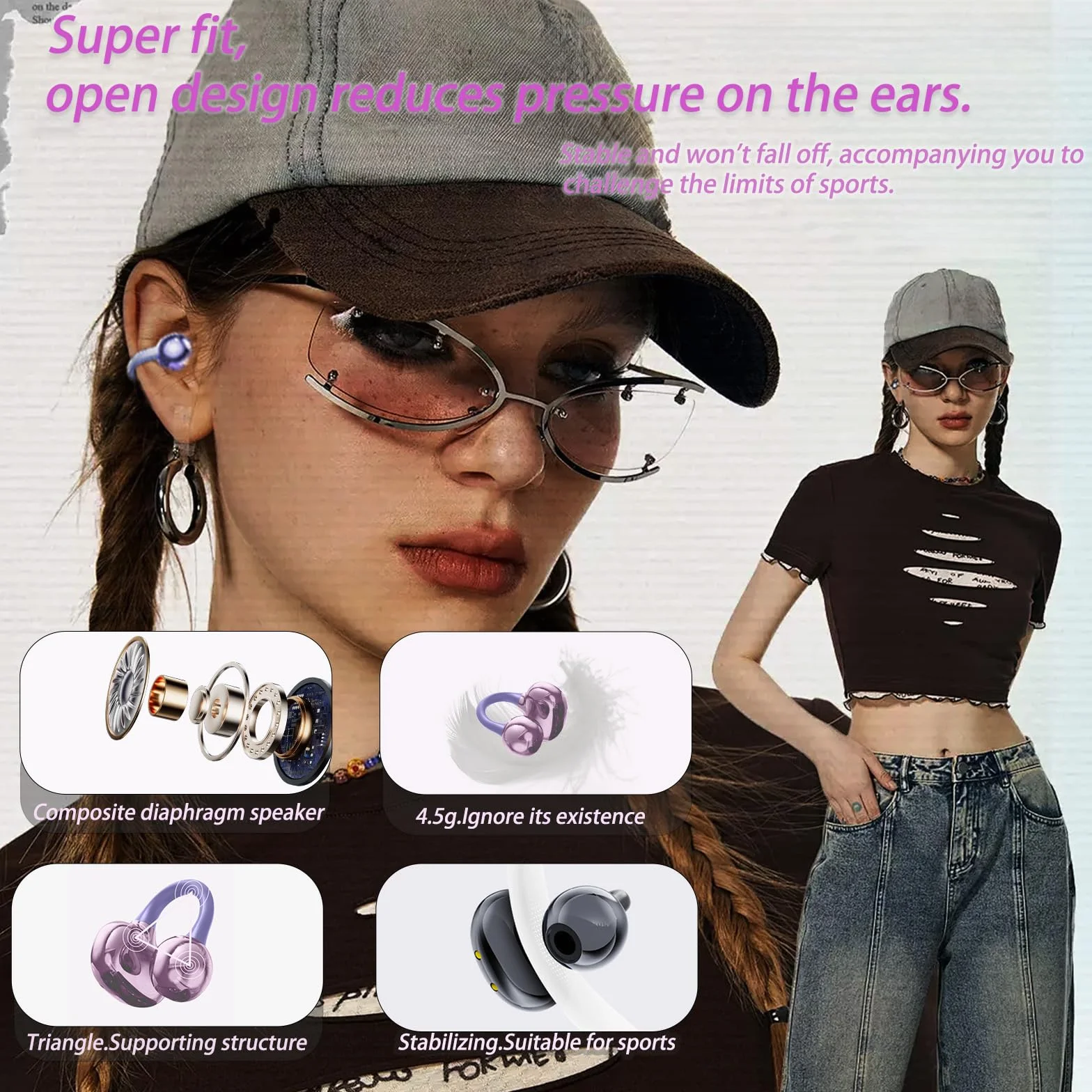 Cuffie Bluetooth 5.4 Ultraleggero 4.3g LED Schermo Design Aperto Stereo HiFi On Ear 50 ore IPX5 Clip Orecchio Wireless