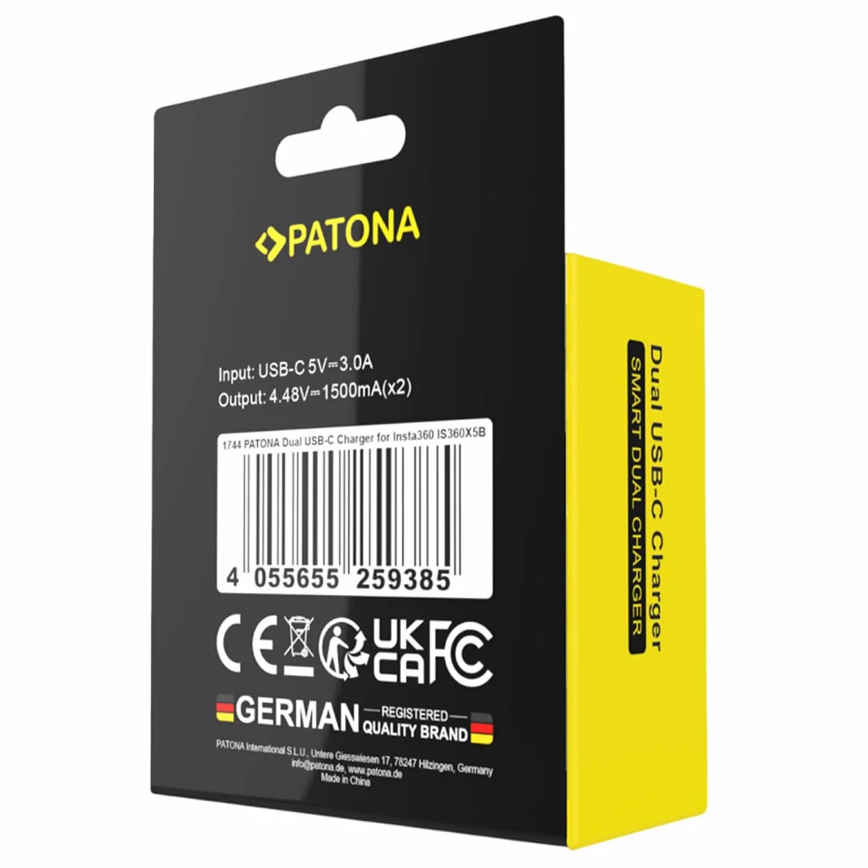 PATONA Caricabatterie doppio per Insta360 X5 batteria CINSBAHA – USB-C Scatola portaoggetti per 2 batterie e microSD, ingresso 5V 3A, cavo USB-C compatibile con action cam, compatto e leggero