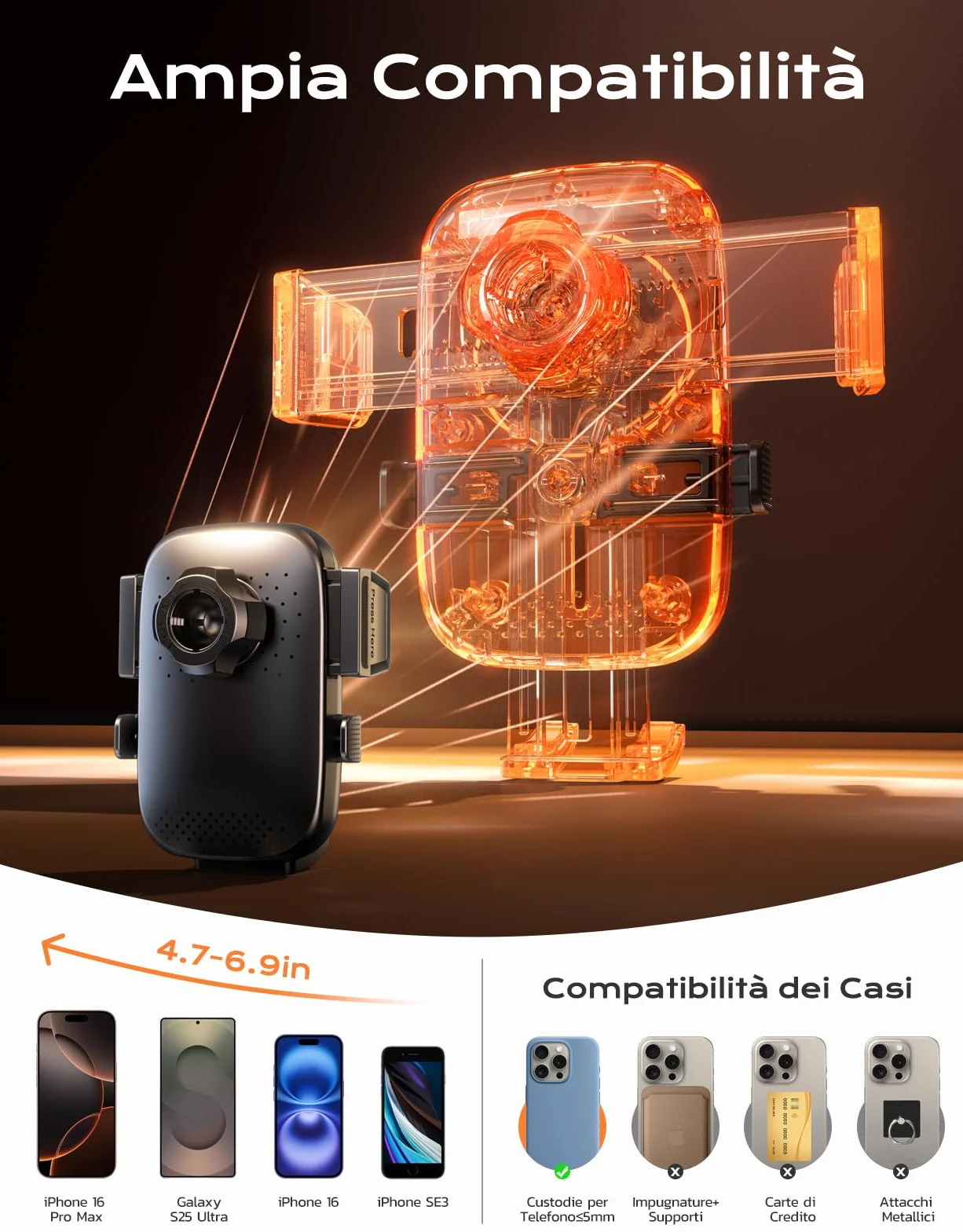 Mohard Porta Cellulare Caricatore Wireless Auto, 15W Ricarica Wireless Automobile Rapida con Adattatore QC3.0, Caricabatterie Supporto Telefono Rotazione 360° Cruscotto/Parabrezza, per 4.7-6.9" Phone