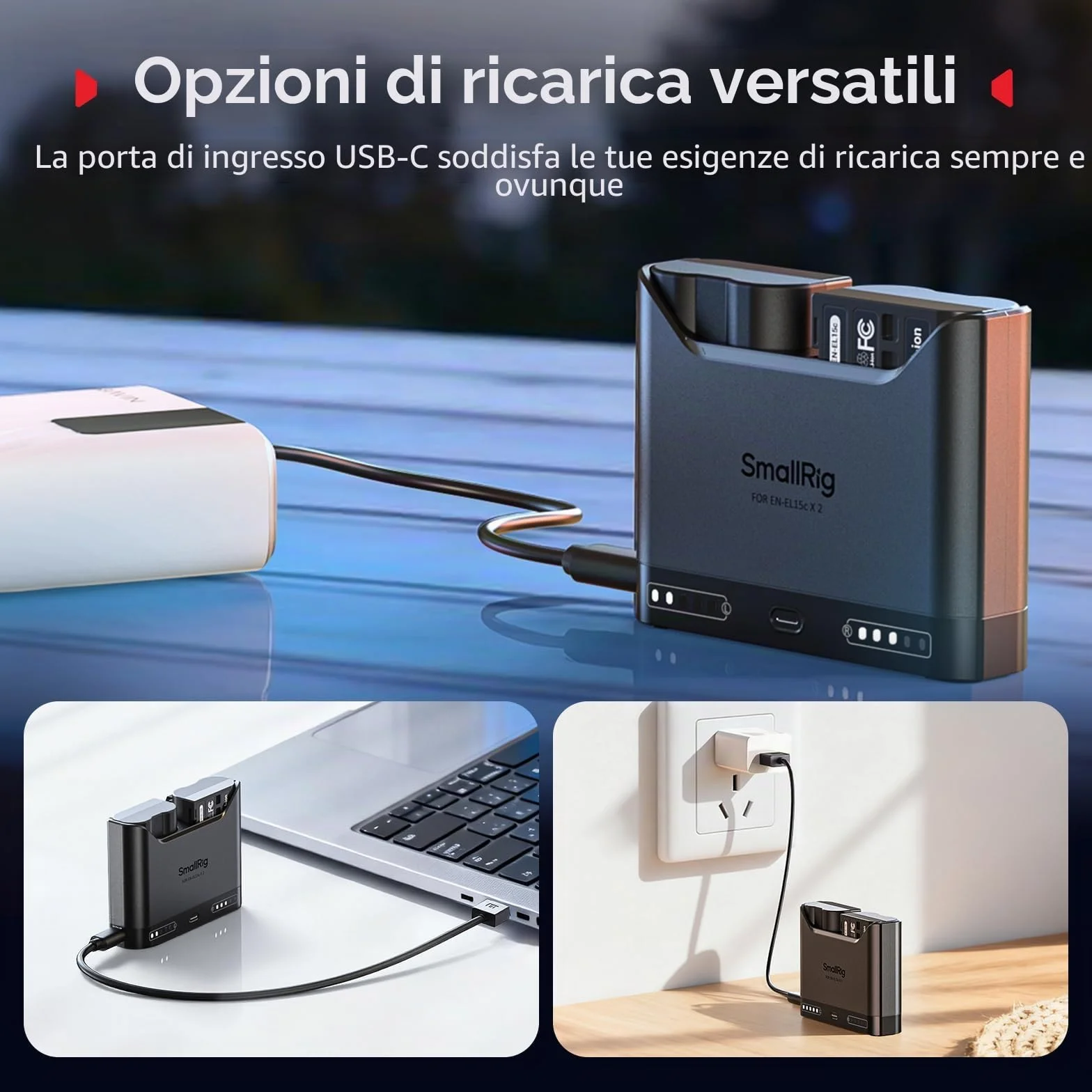 SMALLRIG Caricabatterie EN-EL15c per Nikon, caricabatteria doppio slot da 2 ore, porta USB-C da 22,5 W, per Nikon ZR, Z6III, Zf, Z8, Z7II, Z7, Z6II, Z6, D850, D810, D780, D750, D500, D7500, D7200-5491