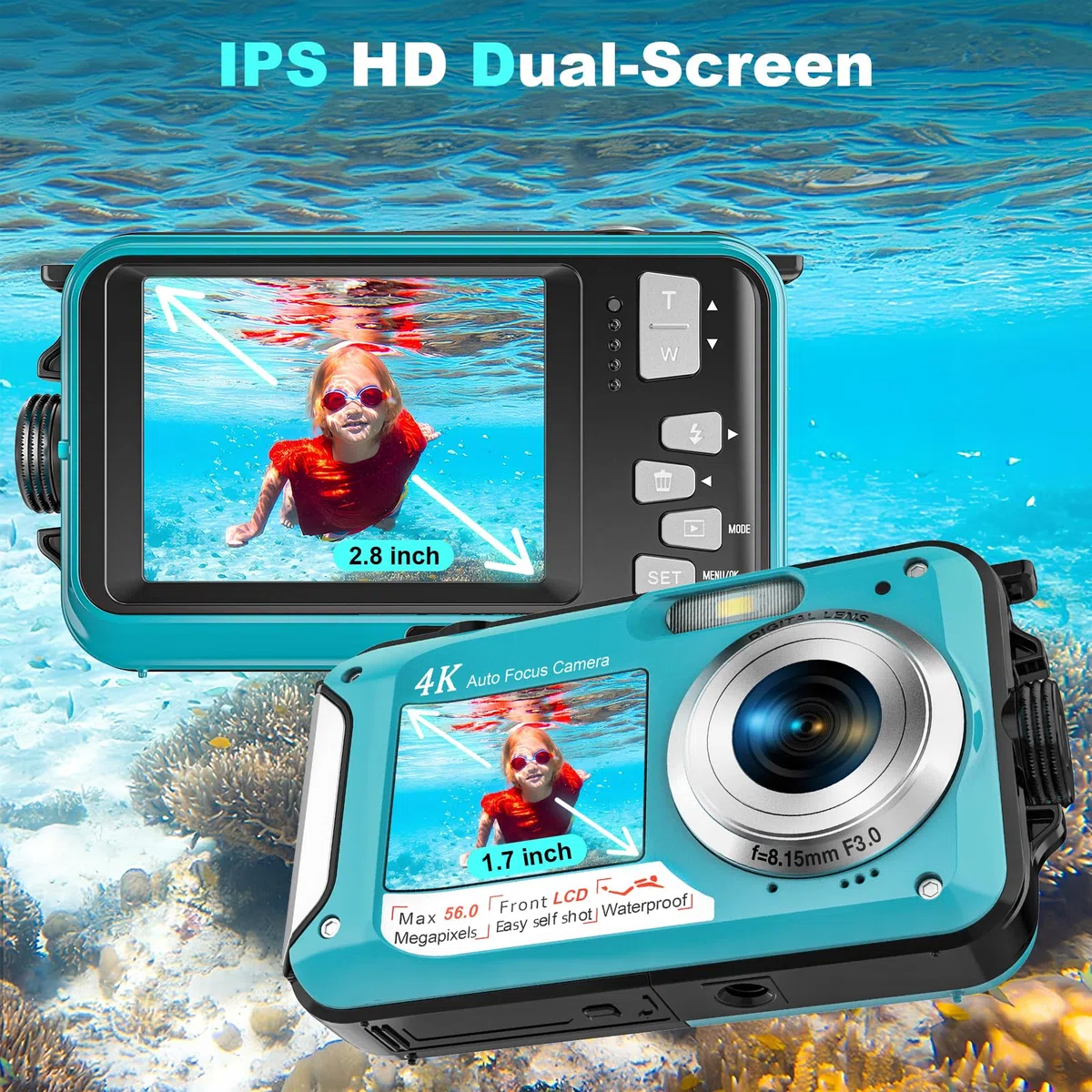 Fotocamera digitale autofocus 56MP 4K fotocamera digitale impermeabile 16x zoom digitale 2,8 pollici schermo subacqueo con scheda da 32 GB