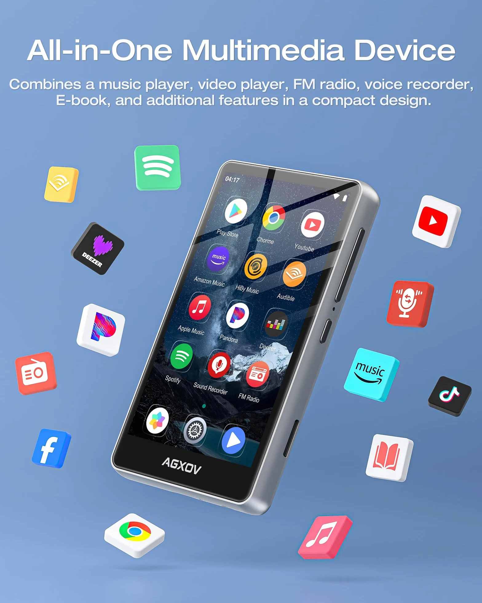 Lettore MP3 Spotify da 144 GB con Bluetooth e WiFi, AGXOV MP4 Lettore Musicale con Schermo Touchscreen da 4,02 Pollici, MP3 Android Portatile con Audible, Deezer, Play Store, Argento