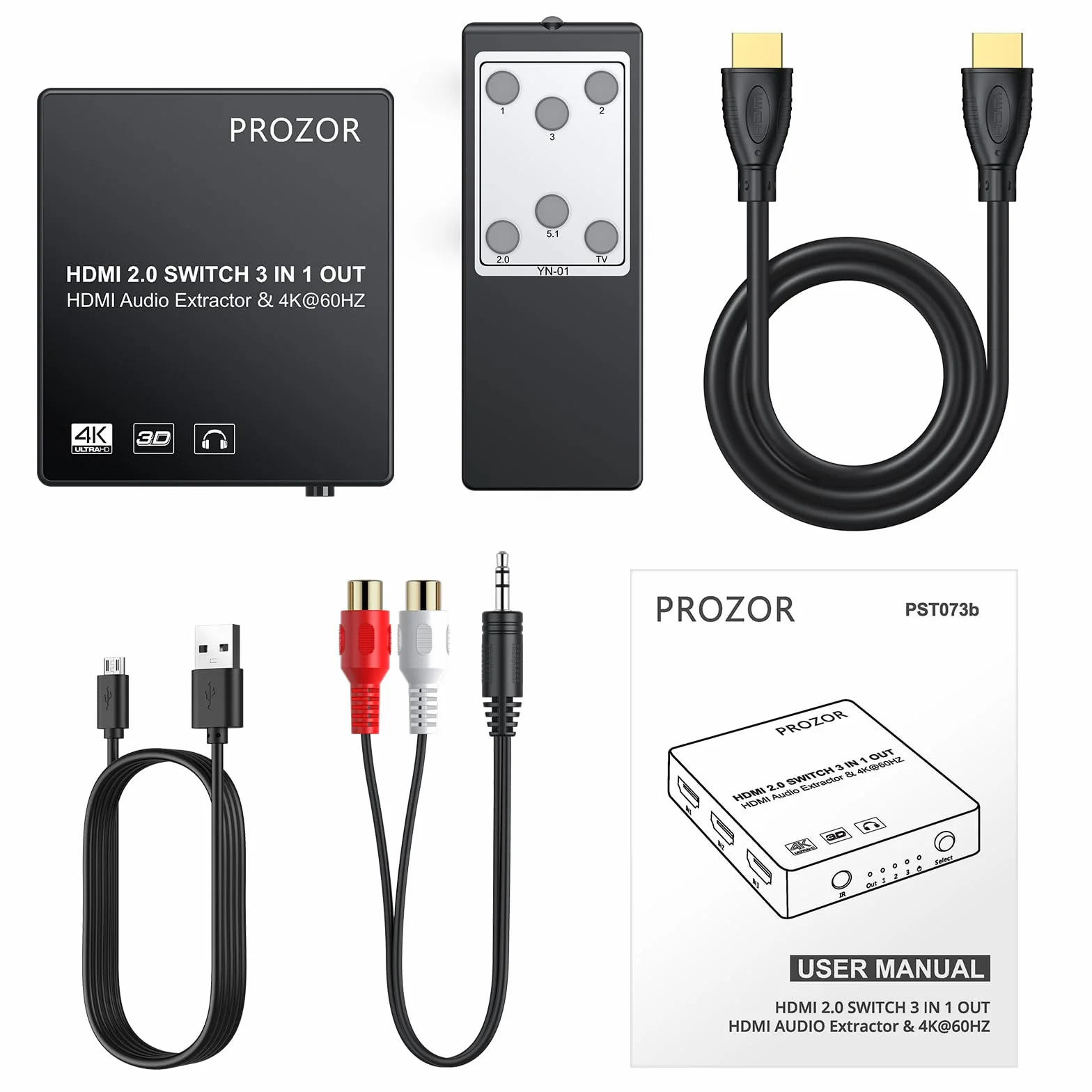 PROZOR HDMI Switch 3 Ingressi 1 Uscita con Estrattore Audio Uscita Analogico Ottico Toslink SPDIF 4K 3D HDMI Convertitore per Blu-ray DVD Player Satellite Box PS3 PS4 Apple TV PC HD Camera DVR