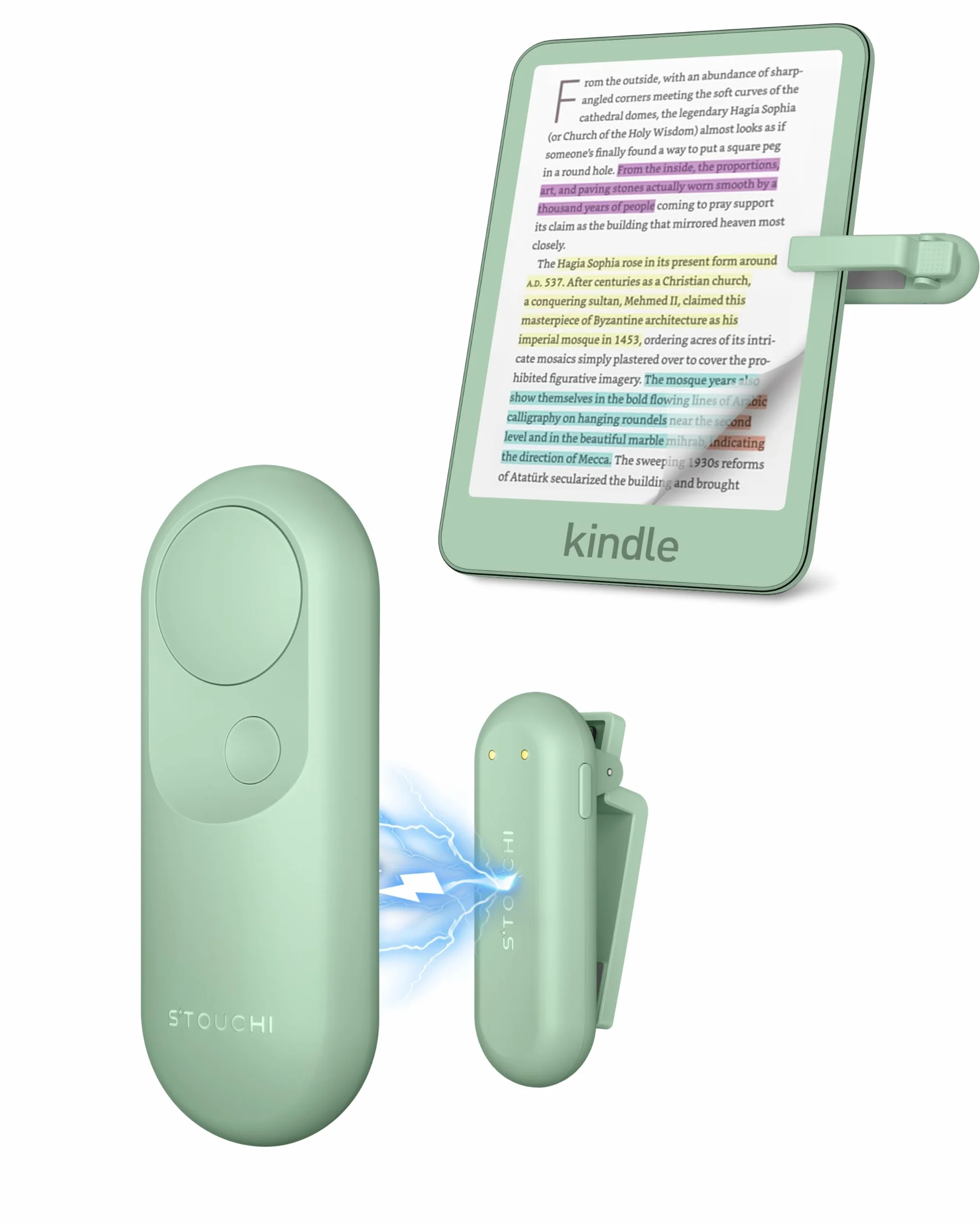 Stouchi 2 in 1 Magnetic Kindle Clicker Control Ergonomico per Kindle Paperwhite Colorsoft Oasis Scribe eReader iPad Tablet con Cinturino da Polso-Matcha