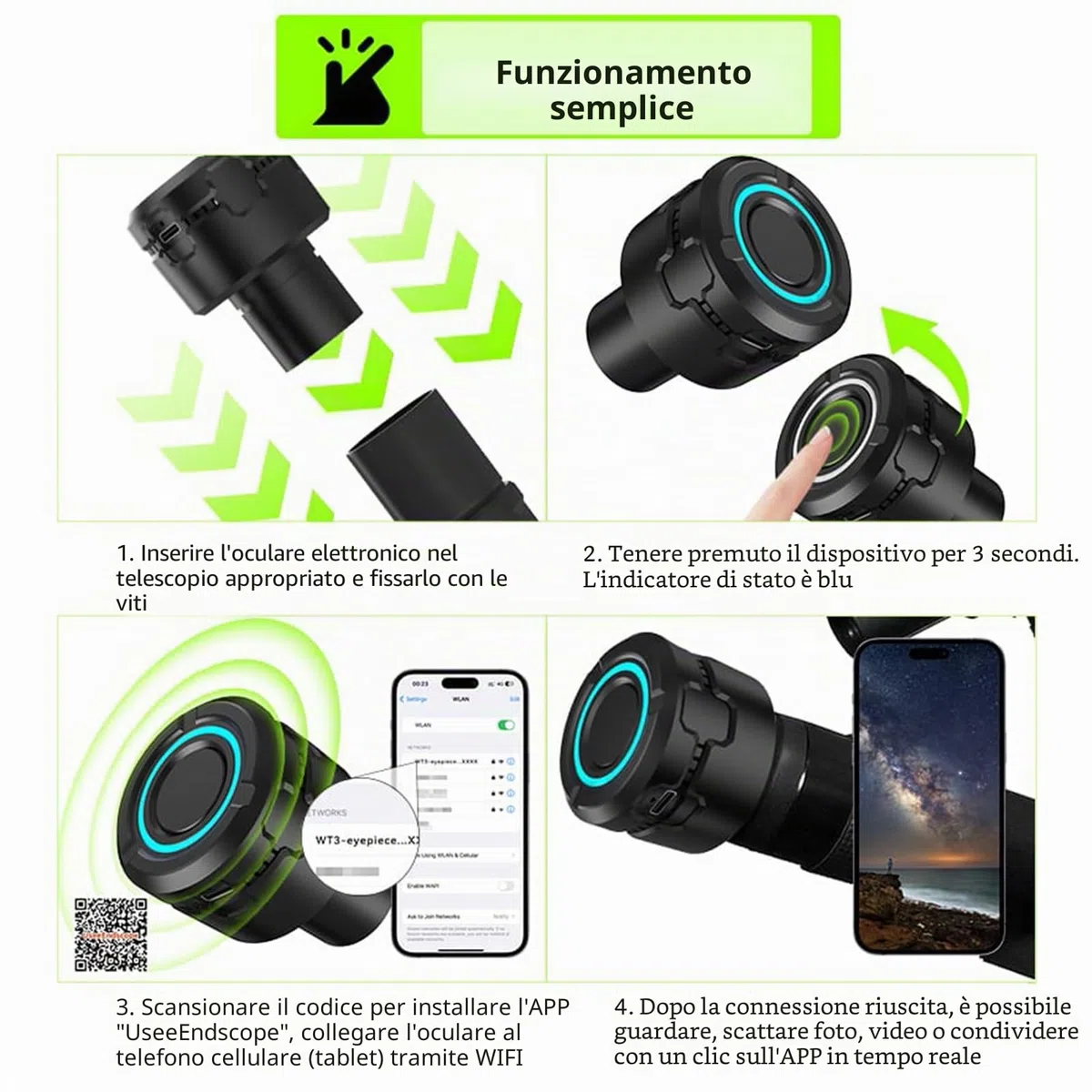 Oculare digitale WiFi wireless per fotocamera telescopio Registrazione video 4K Foto Scatto di foto Batteria integrata Oculare elettronico per telescopio