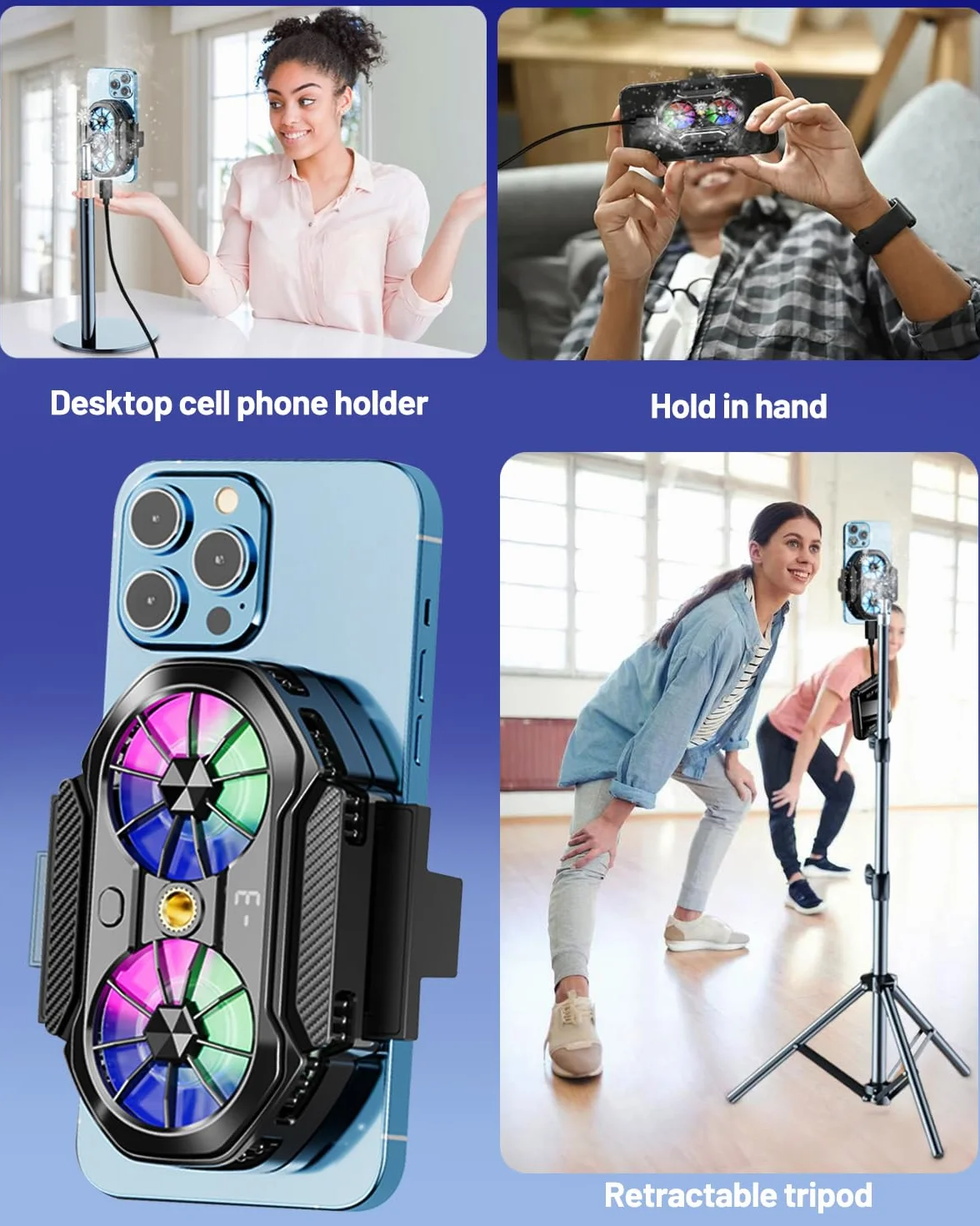 Dispositivo di raffreddamento per smartphone, gaming e live streaming, display temperatura LED, 3 velocità ventilazione, compatibile da 4,5 a 7 pollici
