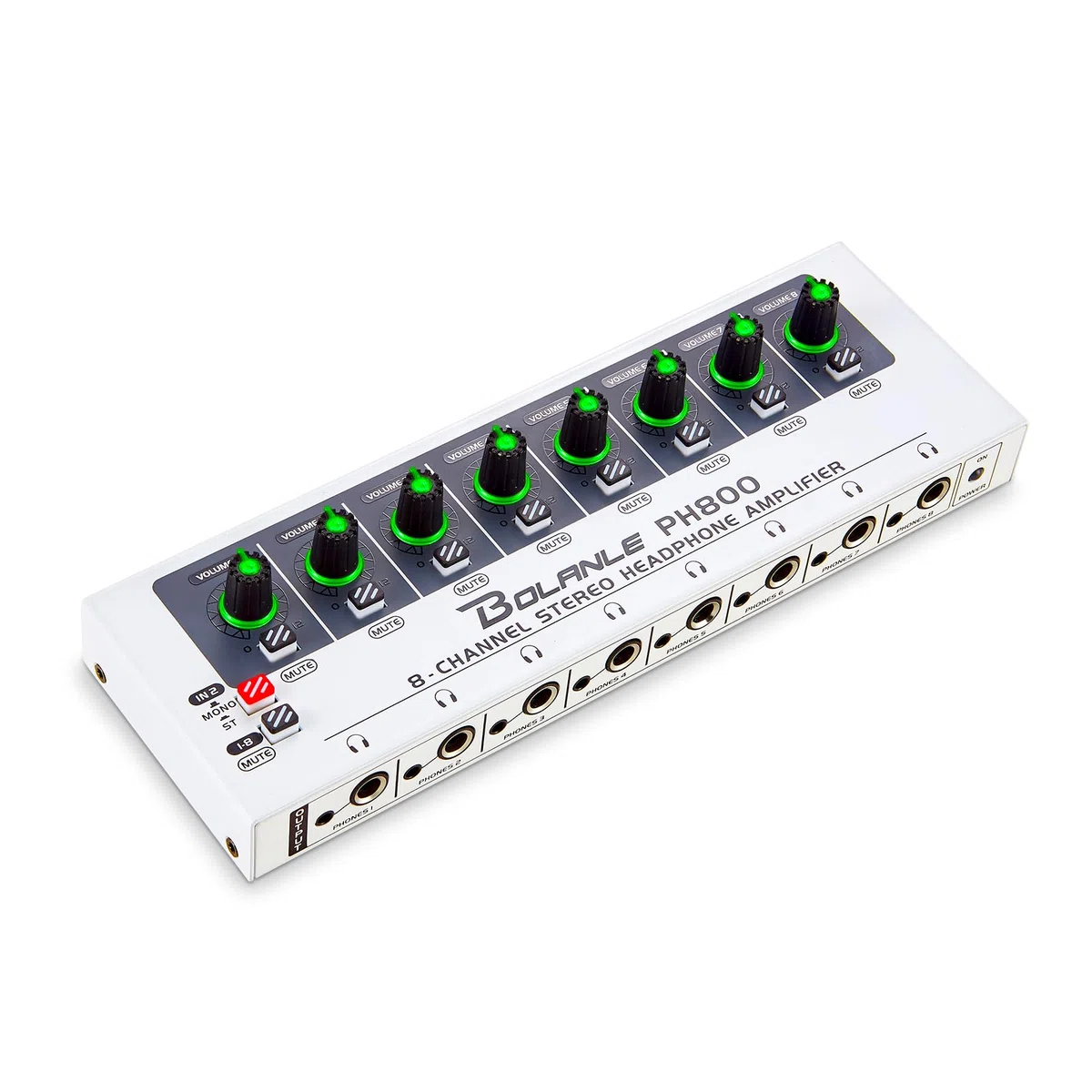 Bolanle PH800 Amplificatore per cuffie a 8 canali con potenza ad alta uscita, splitter per cuffie a 16 uscite (8 x 3,5 mm e 8 x 6,35 mm), interruttore mono/stereo, LED, guida fino a 250 Ω cuffie per