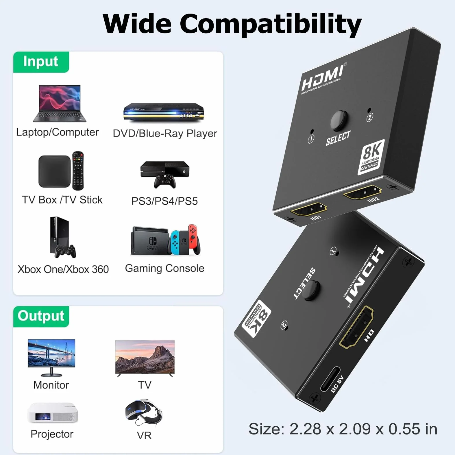 Switch HDMI 2.1 Splitter 8K@60Hz 4K@120Hz, Alluminio Bidirezionale HDMI Switch 2 in 1 Out/1 in 2 Out, Hdmi 2.1 Switcher Distributore supporta 48Gbps 3D HDCP 2.3 per PS5/4 Fire Stick/Xbox/HDTV