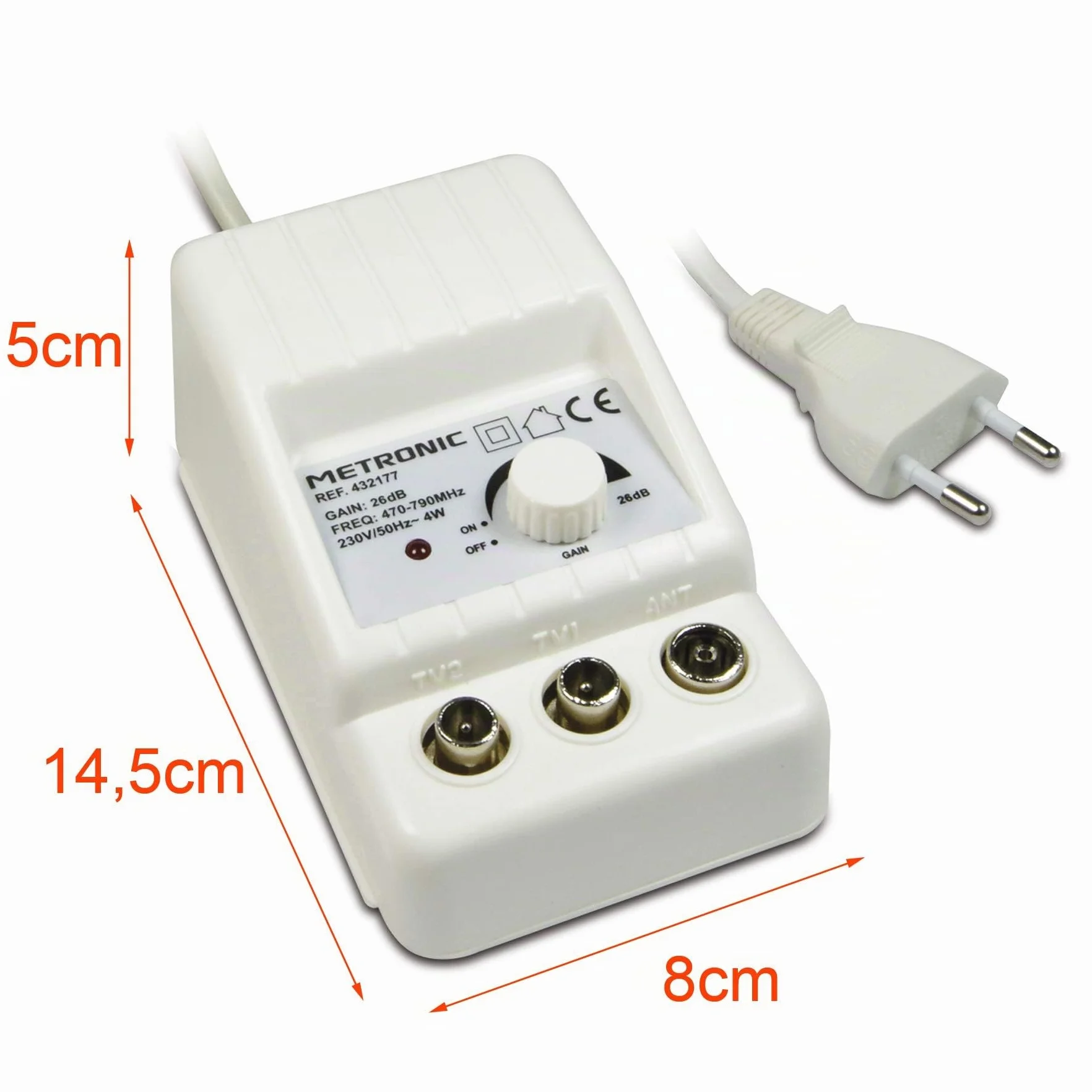 Metronic - 332177, Amplificatore antenna TV da interno per canali TDT, compatibile 4G/5G, 26 dB, 2 uscite con presa TV 9,52 mm, bianco