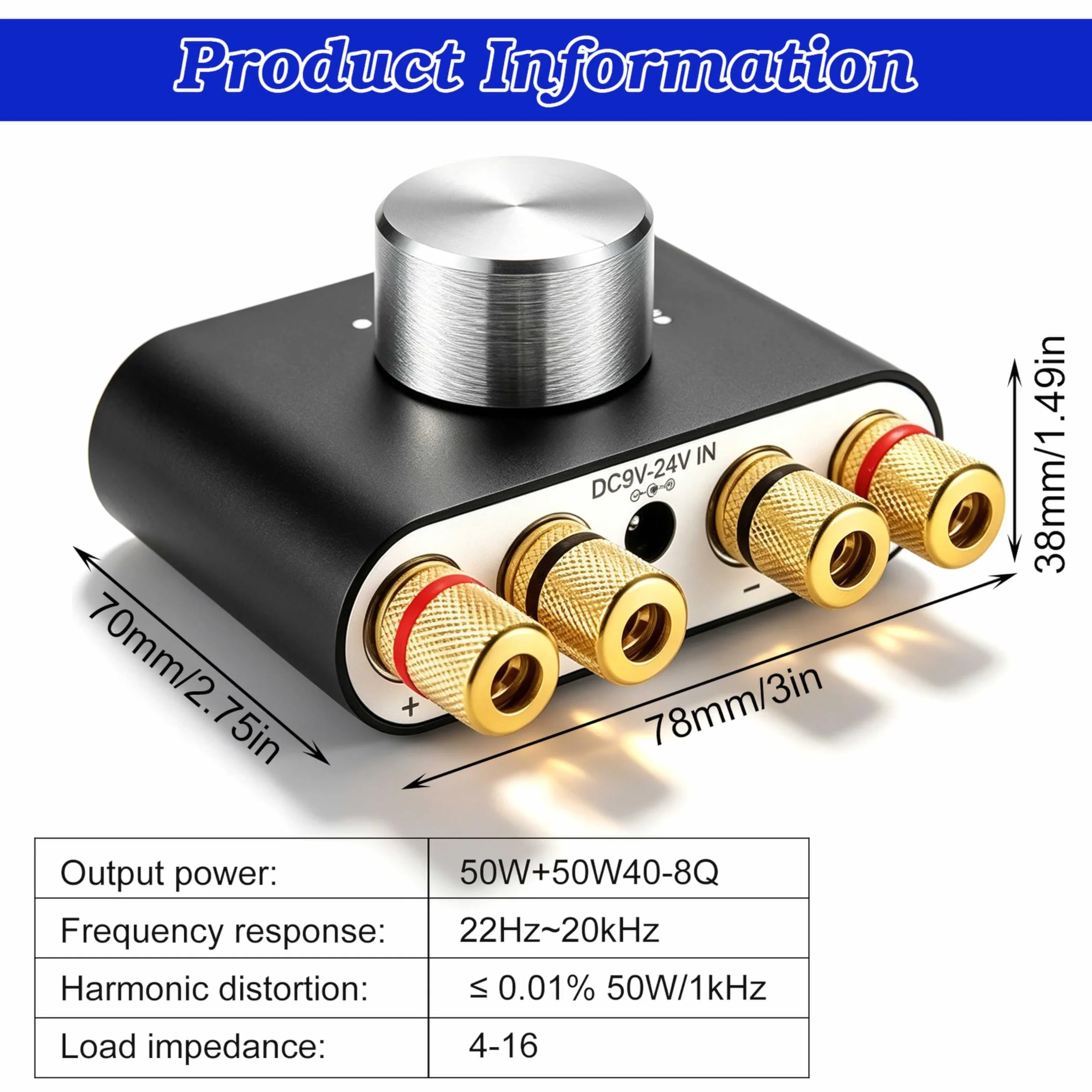 Mini amplificatore Bluetooth, 50 W × 2 HiFi Stereo Amplificatore, amplificatore digitale con alimentatore di rete per sistema audio di casa e ufficio, altoparlante