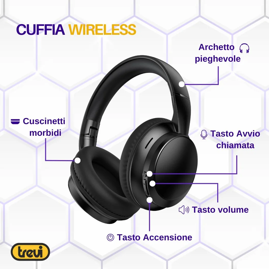 Trevi DJ 12E35 BT Cuffie Wireless Over Ear, Stereo HiFi con Microfono, 8h Autonomia, Comandi su Padiglione, Pieghevoli e Leggere, Compatibili con iOS e Android, per Viaggio, PC, Telefono e Ufficio