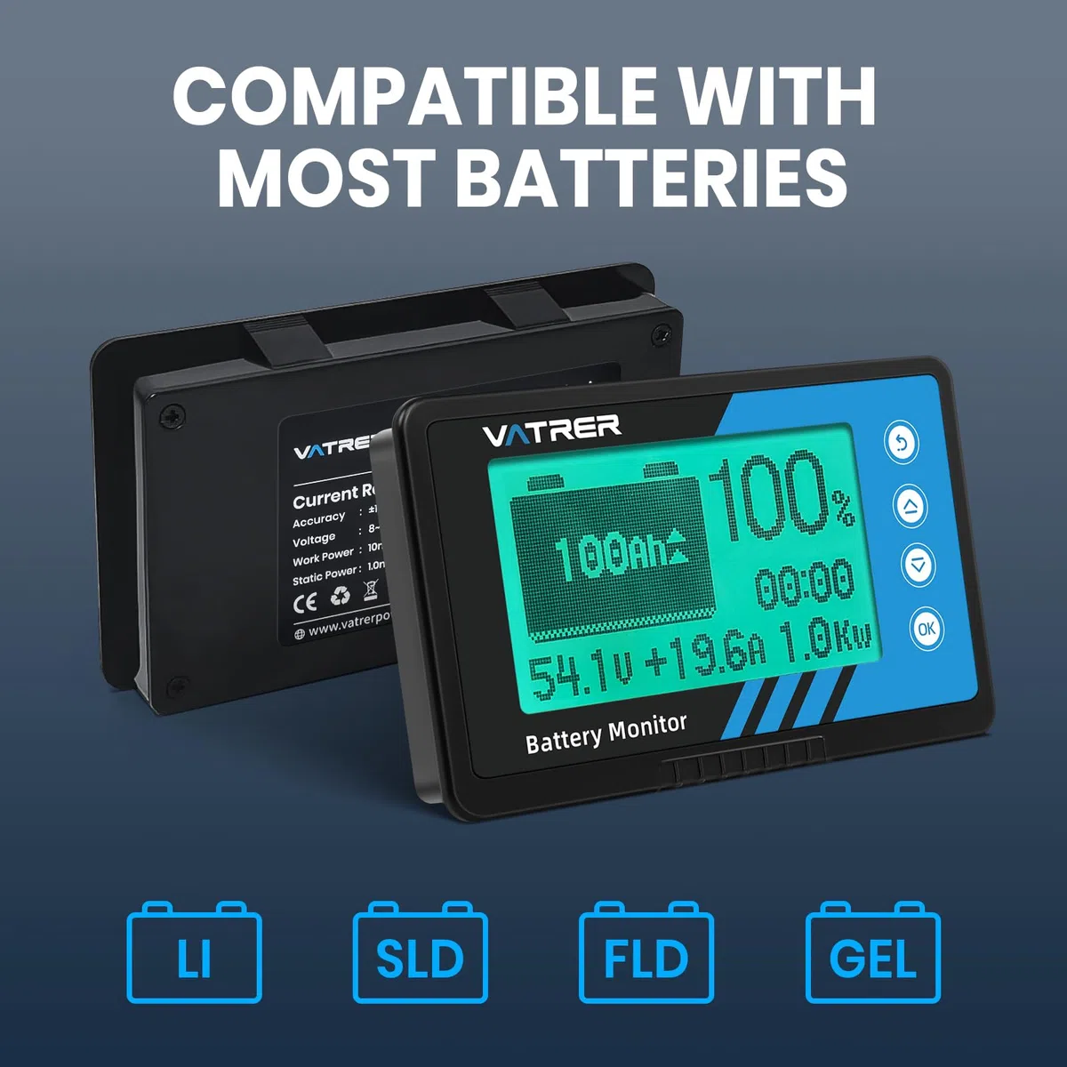 VATRER POWER Monitor Batteria 500A Shunt 8V-120V, Contatore Capacità LiFePO4 Piombo per RV Golf Car, Display LCD Allarme