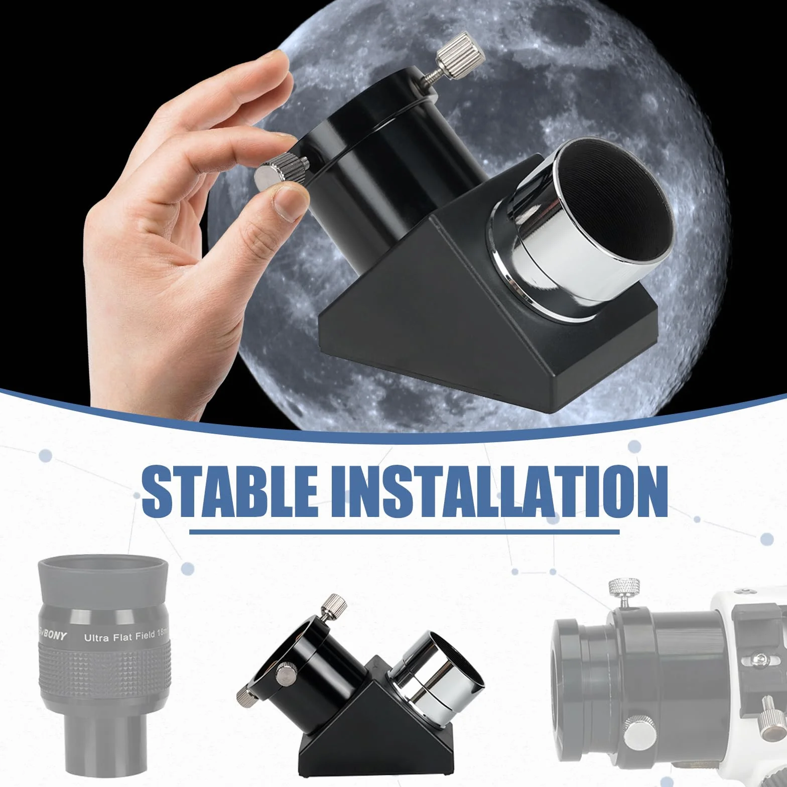 Svbony SV221 Specchio Diagonale, Adattatore Diagonale da 1,25pollici a 90 Gradi con Anello di Pressione in Ottone Accessori per Oculare Telescopio in Alluminio per Osservazioni Astronomiche da Terra
