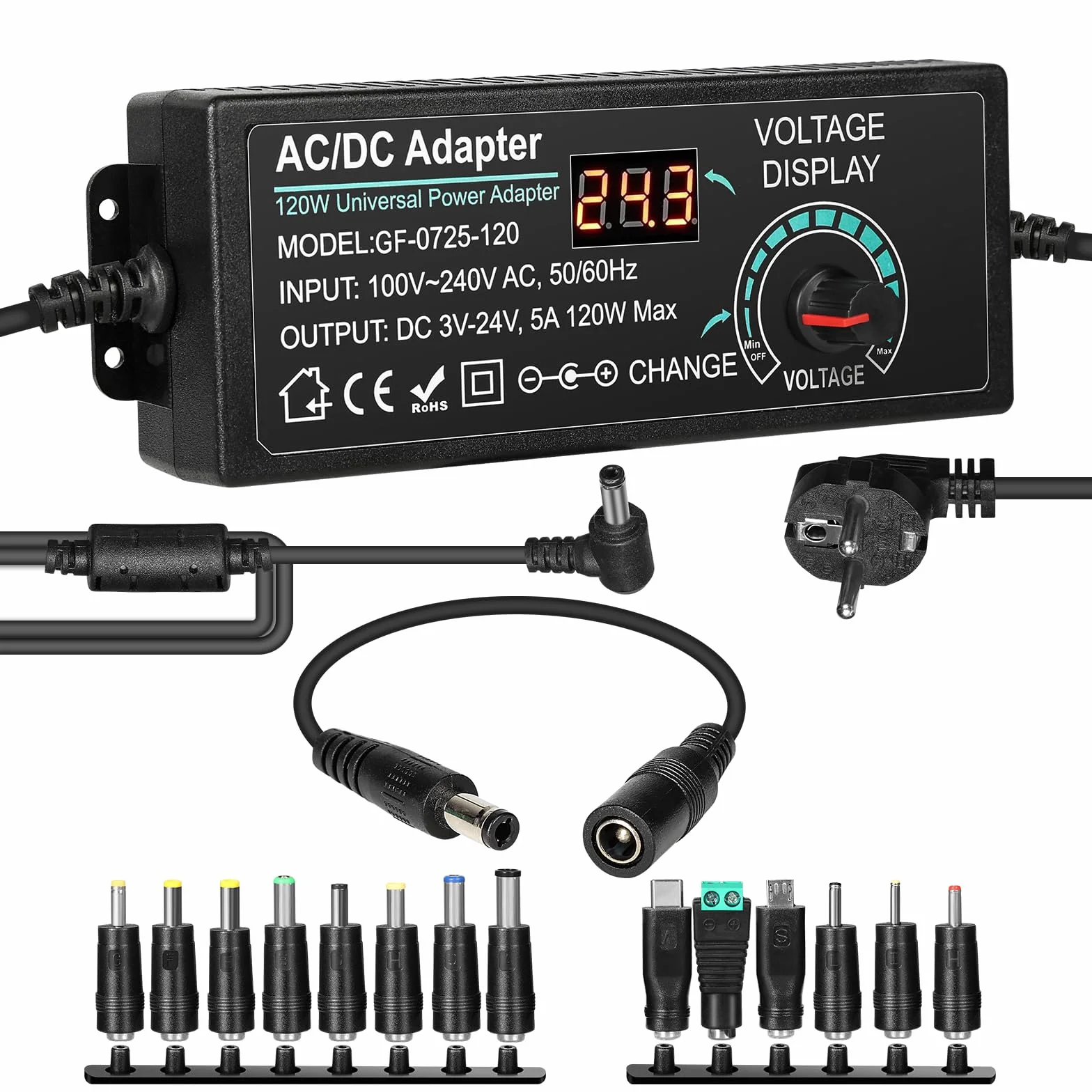 Alimentatore Universale 120W Regolabile 3V 5V 6V 12V 24V DC con USB 14 Connettori Spina Europea AC100-240V