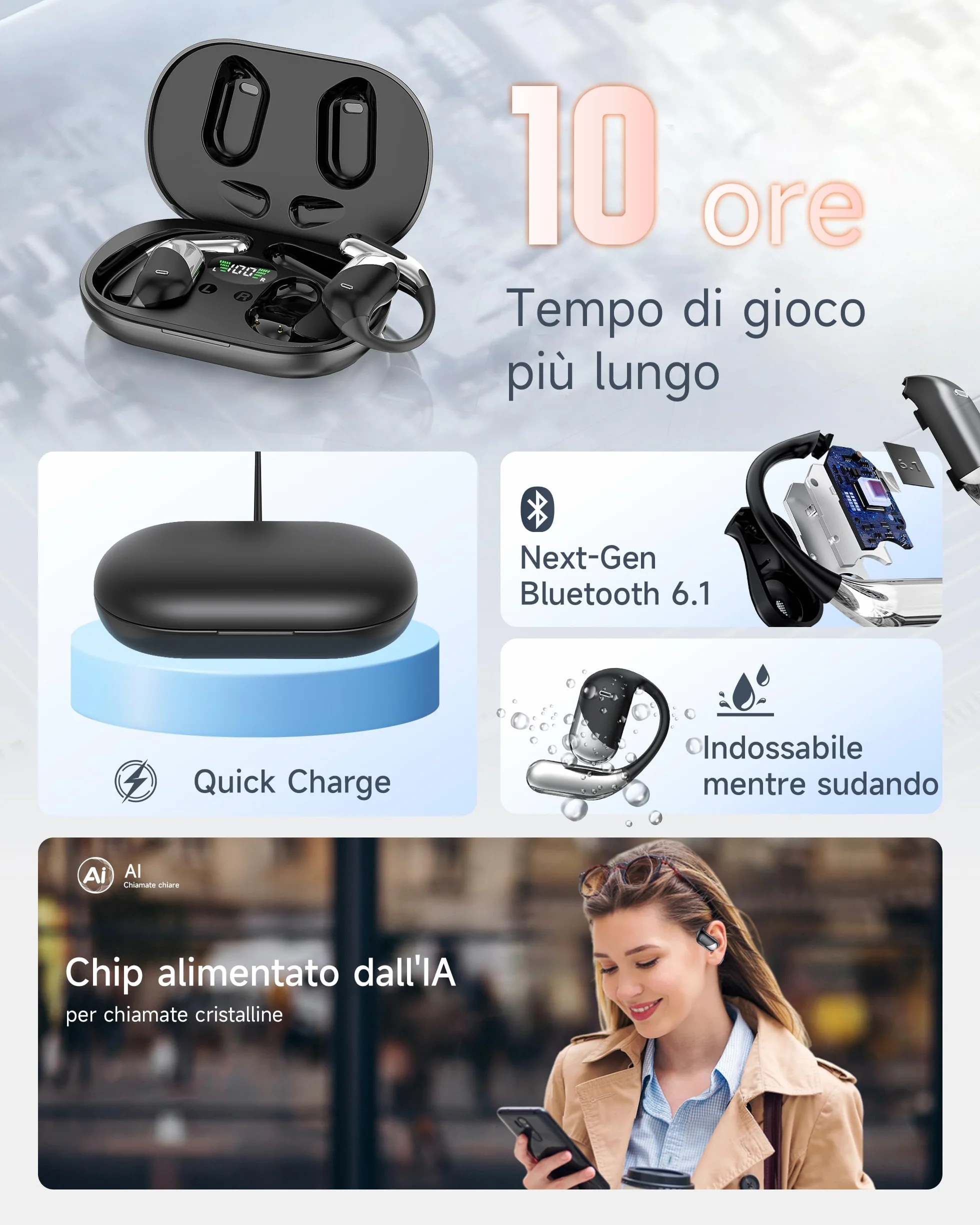 Cuffie Bluetooth Auricolari Bluetooth 6.1, 2026 Sport Cuffiette Wireless, Cuffie Open Ear 60 Ore di Riproduzione, Cuffie Senza Filo HiFi Stereo IP7 Impermeabili, Auricolare Bluetooth per iOS & Android