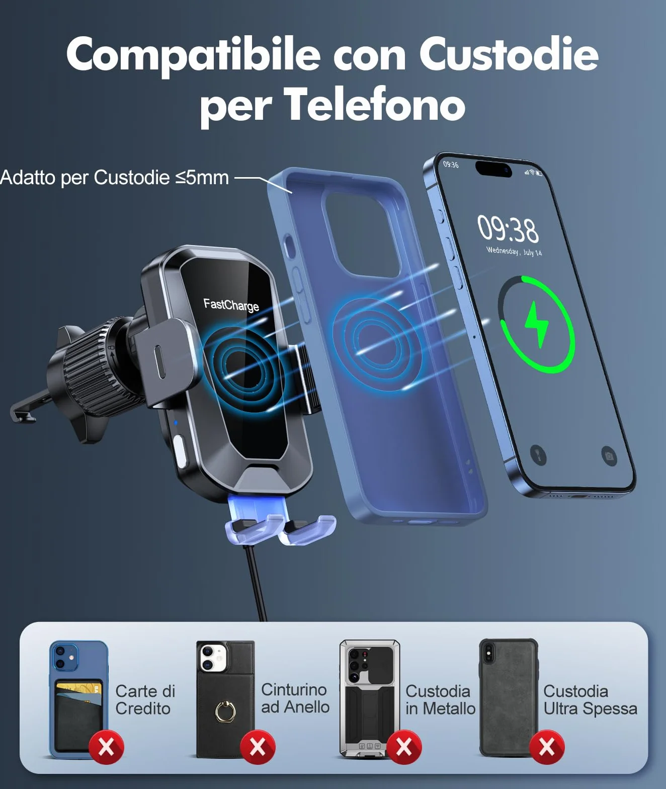 EOIWUY 15W Caricatore Wireless Auto, Auto-Bloccaggio [360° Rotazione] Supporto Telefono Auto Ricarica Wireless Rapida con QC 3.0 Caricabatterie Auto, Compatibile con iPhone 17/16/15, Galaxy S24/S23