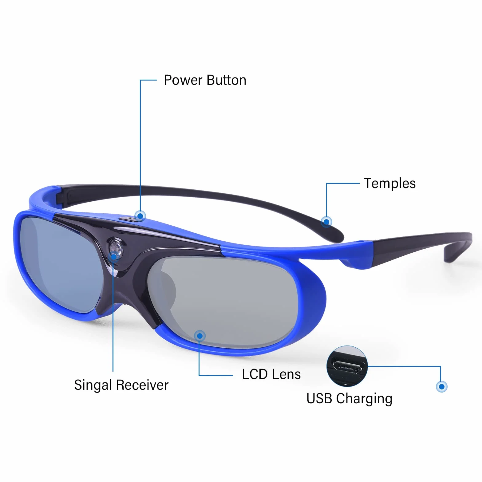 3D Occhiali, Otturatore Attivi 3D Ricaricabile Occhiali per 3D DLP-Link Proiettori Acer BenQ Jmgo Optoma Philips LG Infocus NEC Viewsonic Cocar Toumei Vivitek Videoproiettore - Blu 2 Pezzi