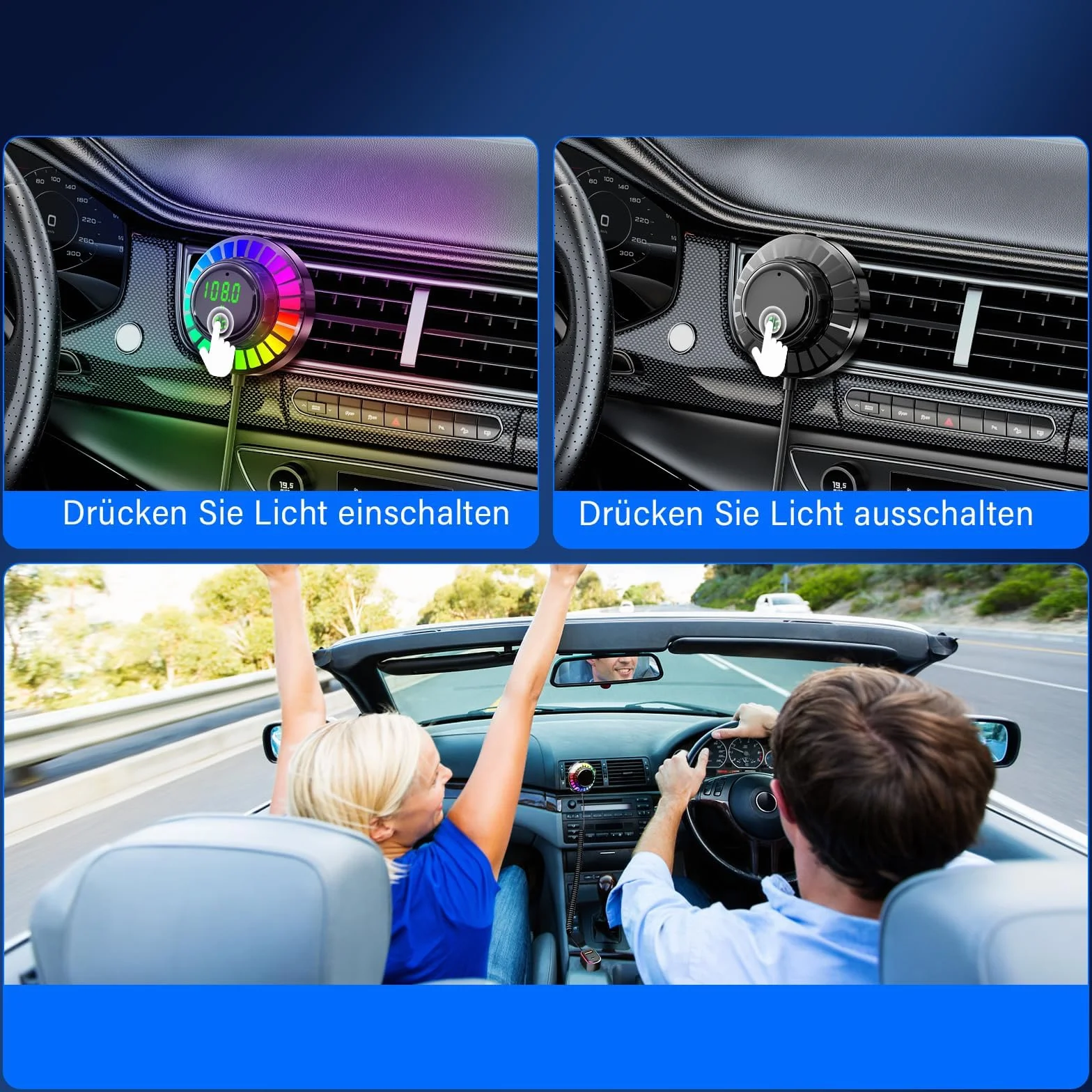 Adattatore Bluetooth Auto FM Transmitter con Luce RGB - Vivavoce Bluetooth 5.3, Caricabatterie PD30W USB-C & QC3.0, Adattatore Bluetooth per Auto per iPhone Android Autoradio OHFAMO