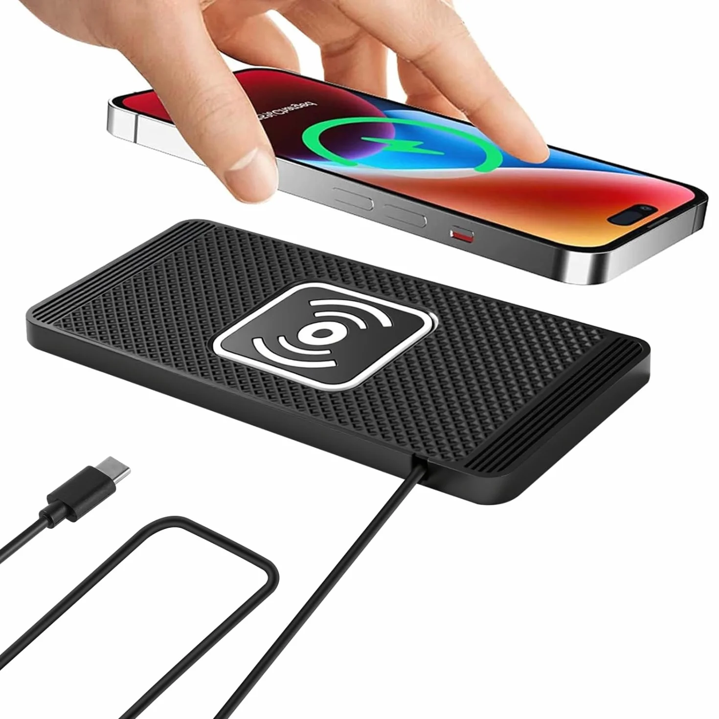 VOBOR Caricatore Wireless Auto, 15W Tappetino Ricarica Wireless Auto, Caricabatterie Senza Fili Antiscivolo per Telefoni cellulari, Cuffie, ecc. (TypeC 1m)