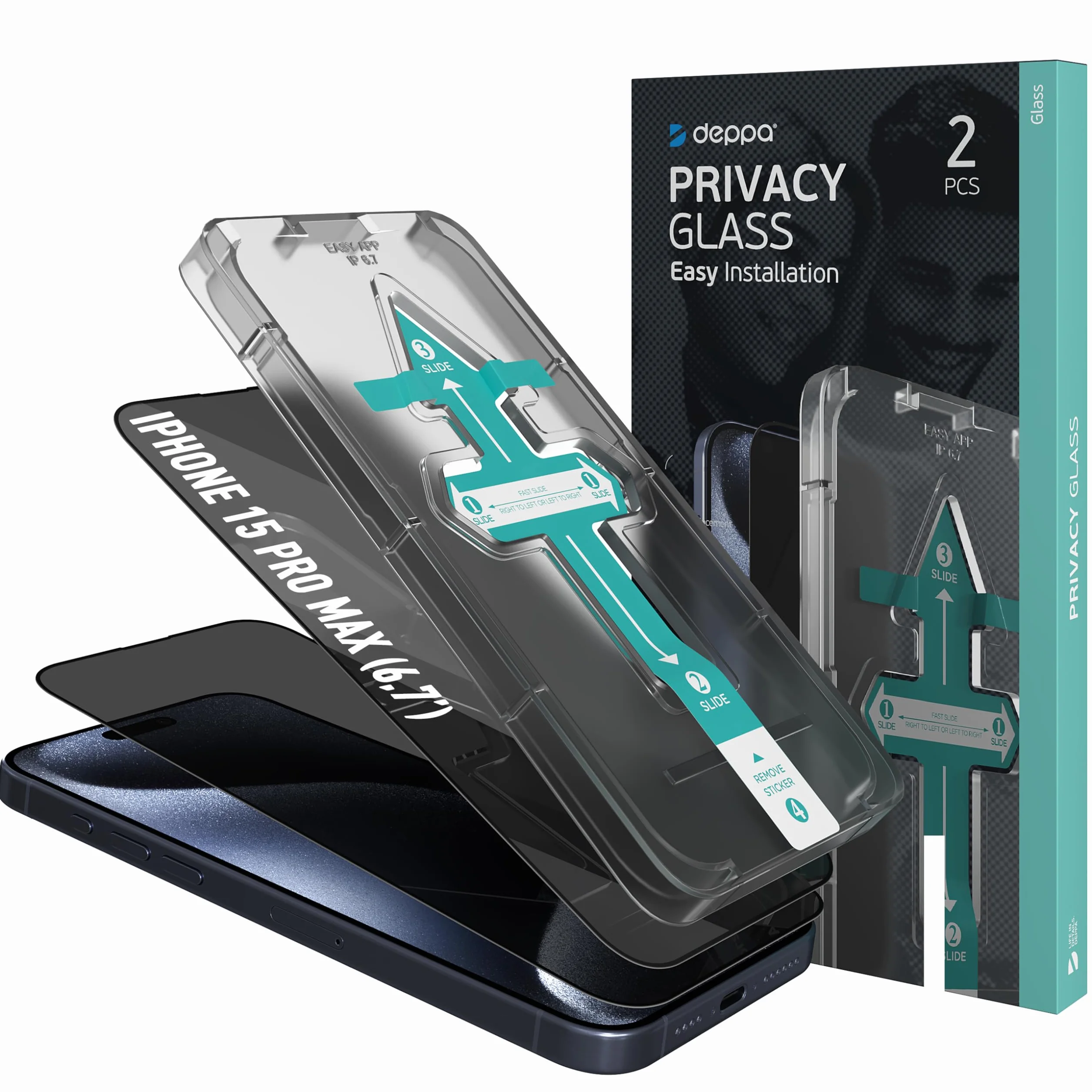 Deppa [2 Pezzi Pellicola Privacy per iPhone 15 Pro Max (6.7") | Vetro Temperato Anti-Spia 9H | Copertura Totale | Anti Graffi | Ultra Resistente | Kit di Installazione Facile